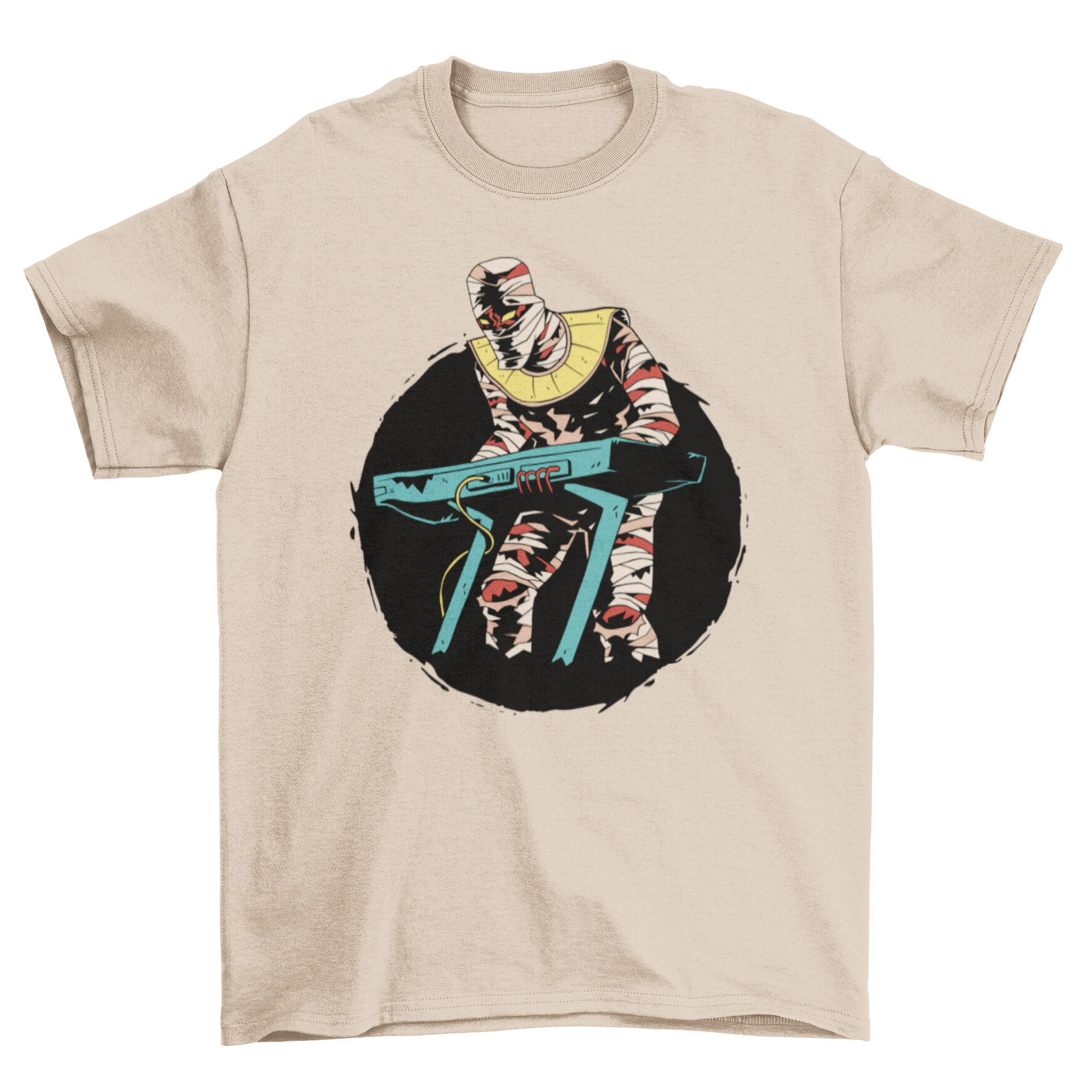 A playful t-shirt design featuring a mummy enthusiastically playing a keyboard, showcasing vibrant colors and intricate details.