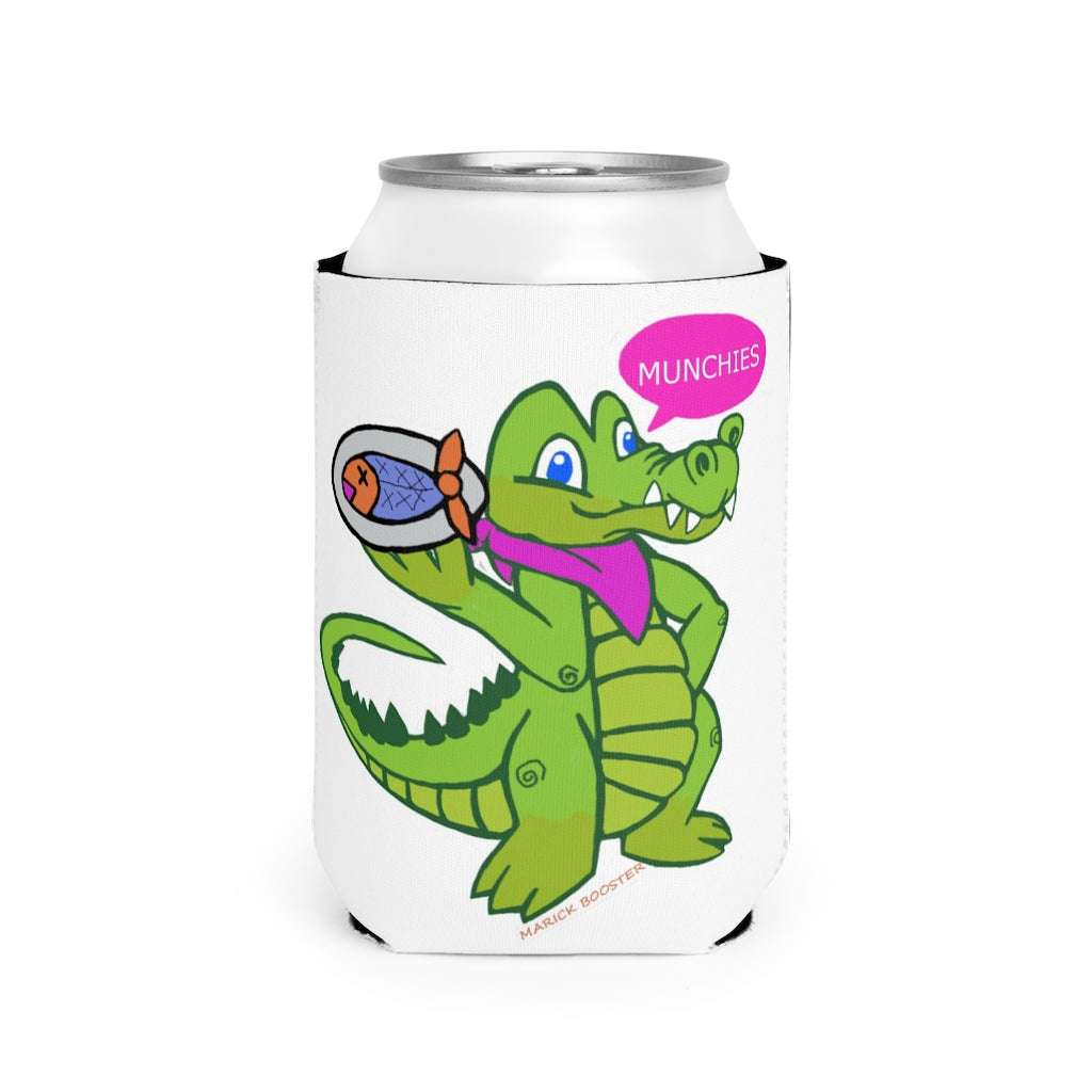 Munchies the Crocodile Can Cooler Sleeve featuring a playful crocodile design, made of durable neoprene, fits standard 12 oz cans.