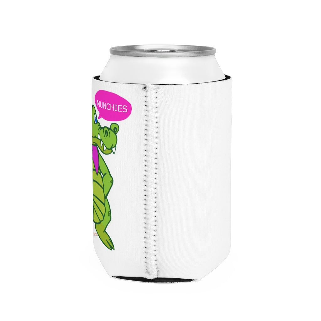 Munchies the Crocodile Can Cooler Sleeve featuring a playful crocodile design, made of durable neoprene, fits standard 12 oz cans.