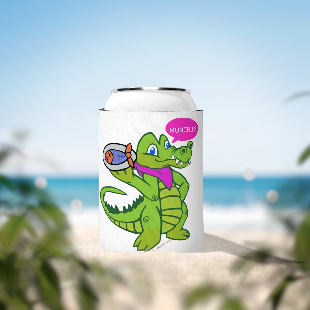 Munchies the Crocodile Can Cooler Sleeve featuring a playful crocodile design, made of durable neoprene, fits standard 12 oz cans.