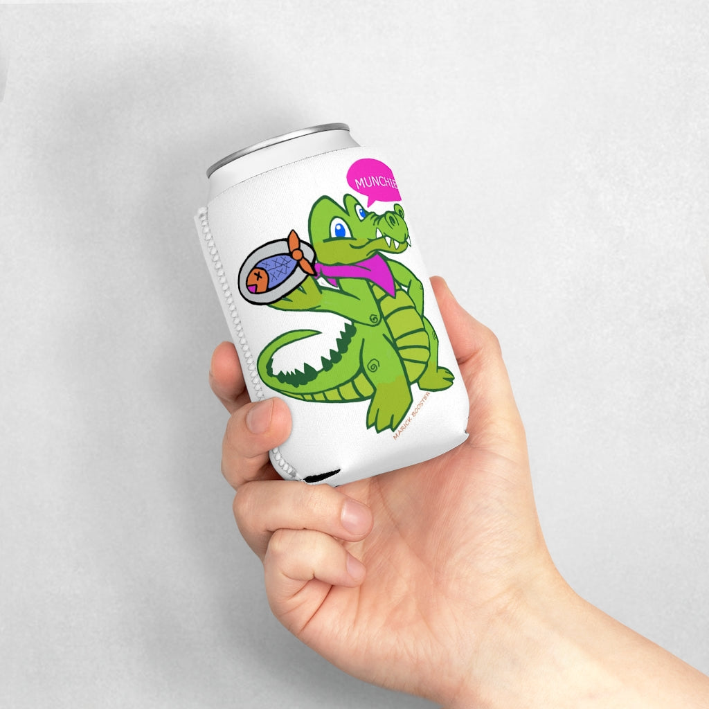 Munchies the Crocodile Can Cooler Sleeve featuring a playful crocodile design, made of durable neoprene, fits standard 12 oz cans.