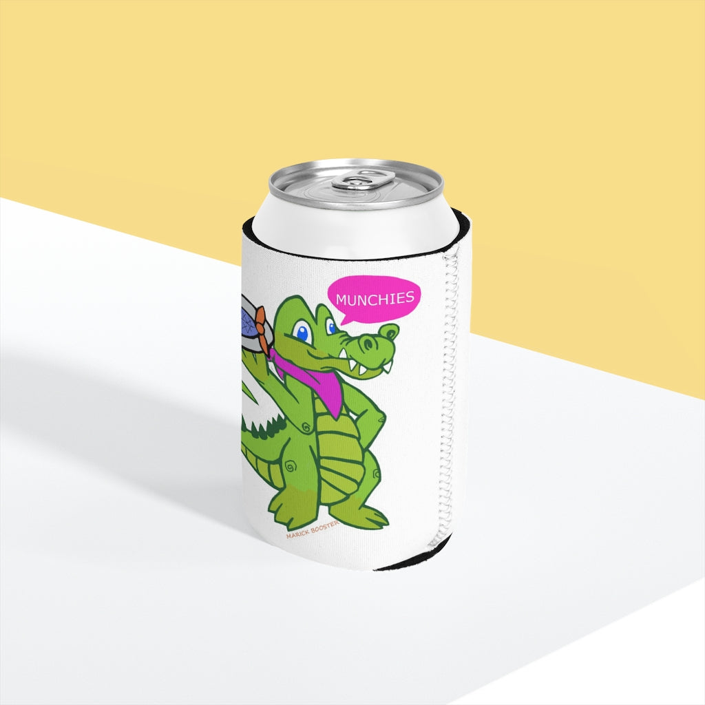 Munchies the Crocodile Can Cooler Sleeve featuring a playful crocodile design, made of durable neoprene, fits standard 12 oz cans.