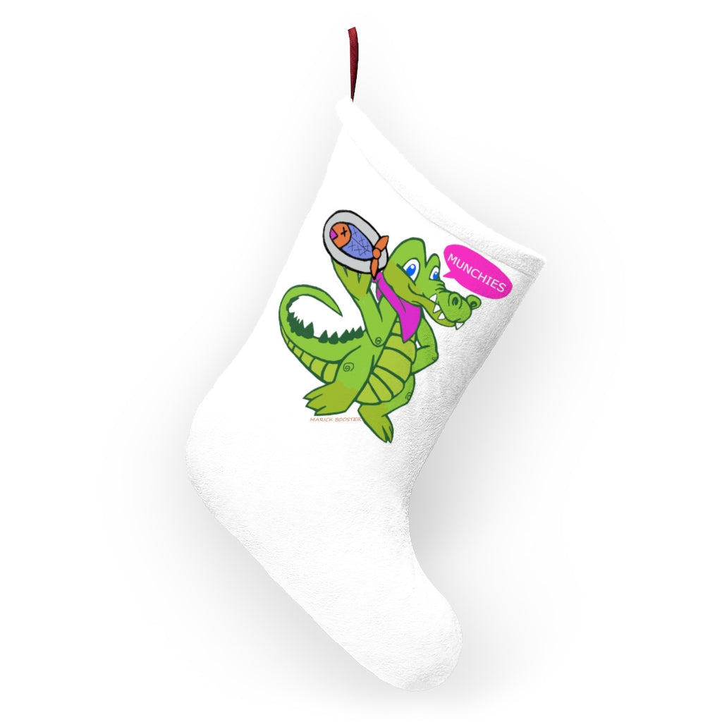 Munchies the Crocodile Christmas Stockings, personalized festive stockings made of soft fleece with a twill ribbon loop.