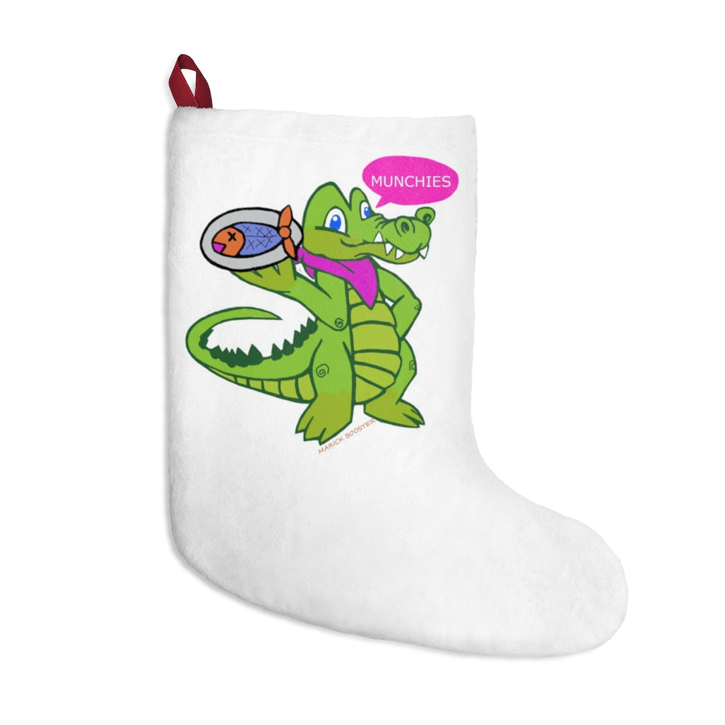 Munchies the Crocodile Christmas Stockings, personalized festive stockings made of soft fleece with a twill ribbon loop.