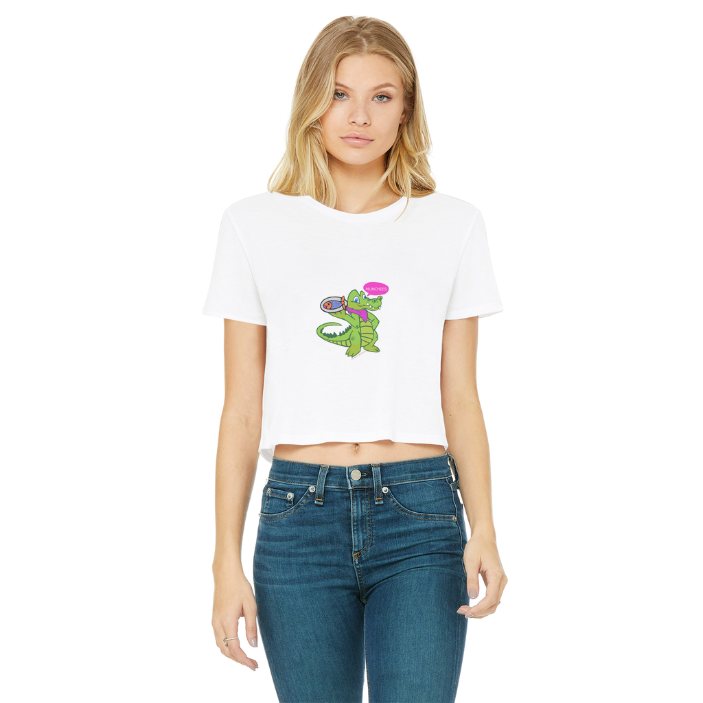 Munchies the Crocodile Classic Women's Cropped Raw Edge T-Shirt in various colors, showcasing its stylish design and raw edge hem.