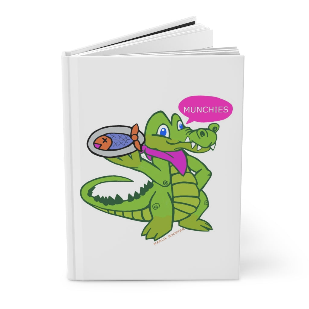 Munchies the Crocodile Hardcover Journal with matte finish, featuring a customizable cover and lined pages, perfect for personal journaling.