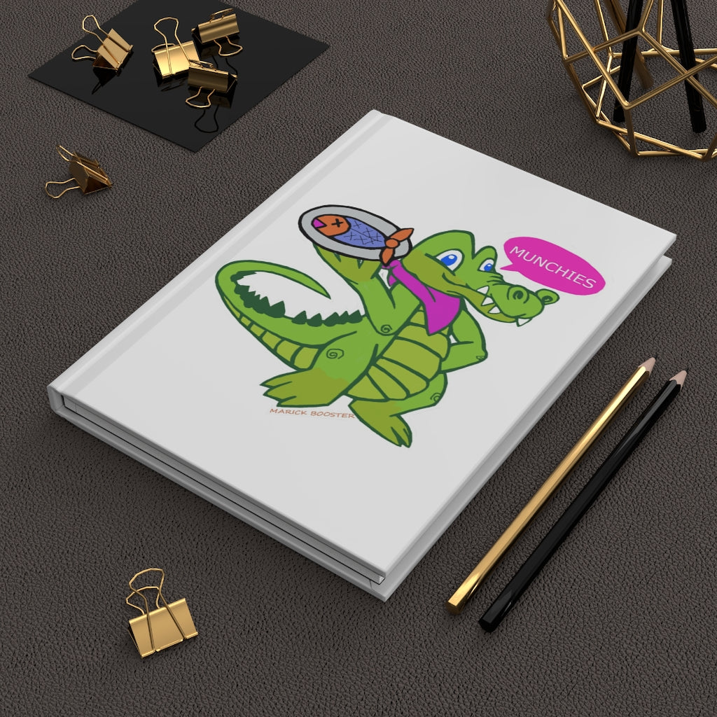 Munchies the Crocodile Hardcover Journal with matte finish, featuring a customizable cover and lined pages, perfect for personal journaling.