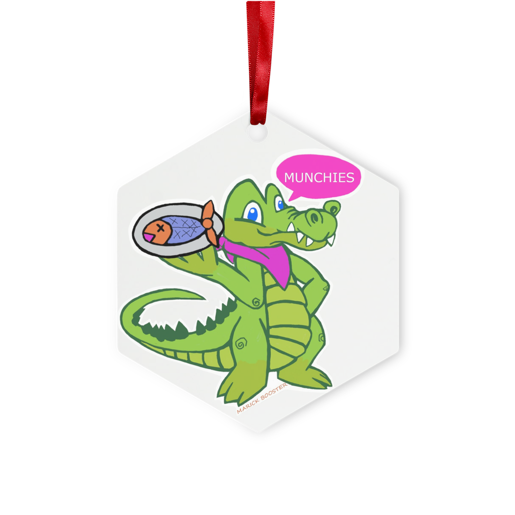 Munchies the Crocodile Metal Hanging Ornament in hexagon and star shapes, featuring a red ribbon and gold string, elegantly displayed in a white box.