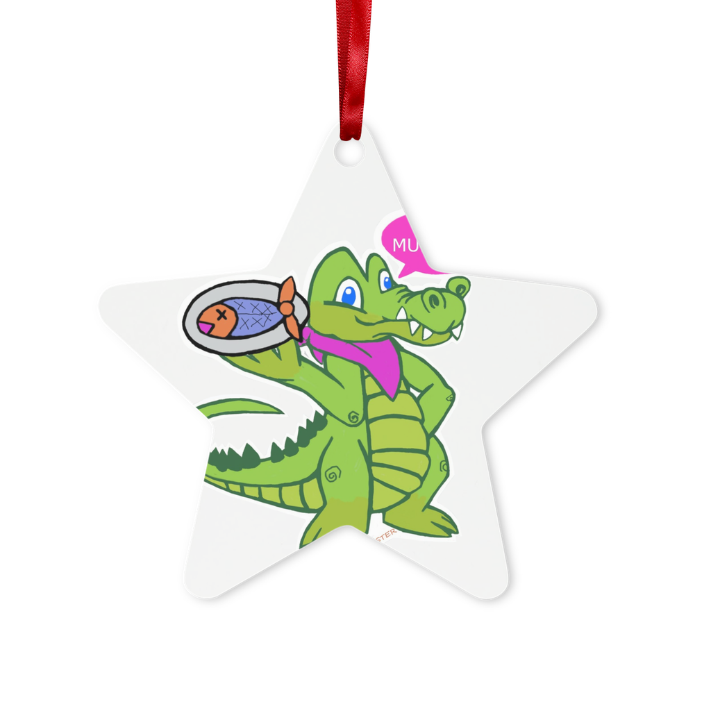 Munchies the Crocodile Metal Hanging Ornament in hexagon and star shapes, featuring a red ribbon and gold string, elegantly displayed in a white box.