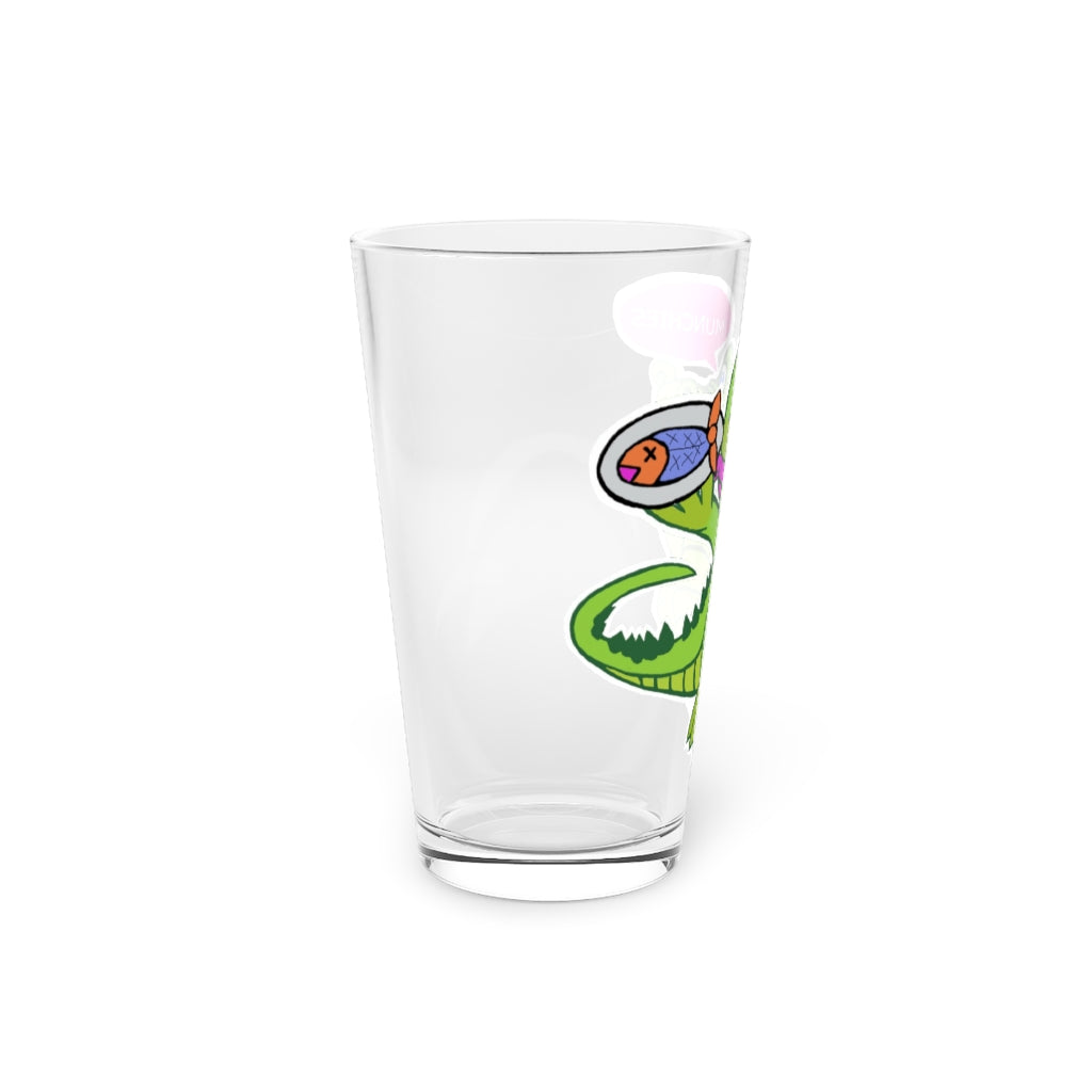 Munchies the Crocodile Pint Glass, 16oz, clear glass with customizable design, perfect for beverages.