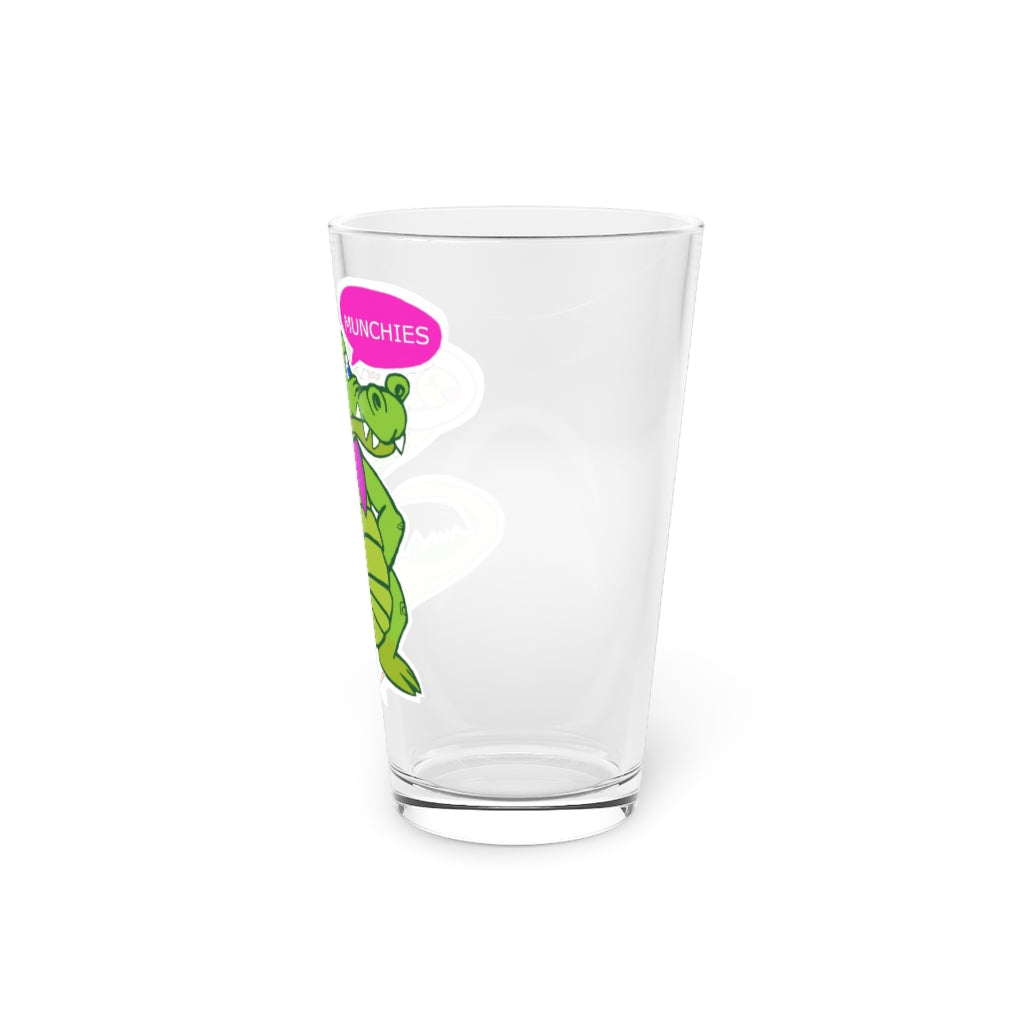 Munchies the Crocodile Pint Glass, 16oz, clear glass with customizable design, perfect for beverages.