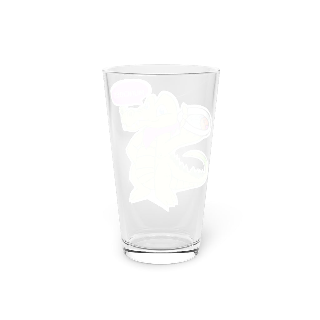 Munchies the Crocodile Pint Glass, 16oz, clear glass with customizable design, perfect for beverages.