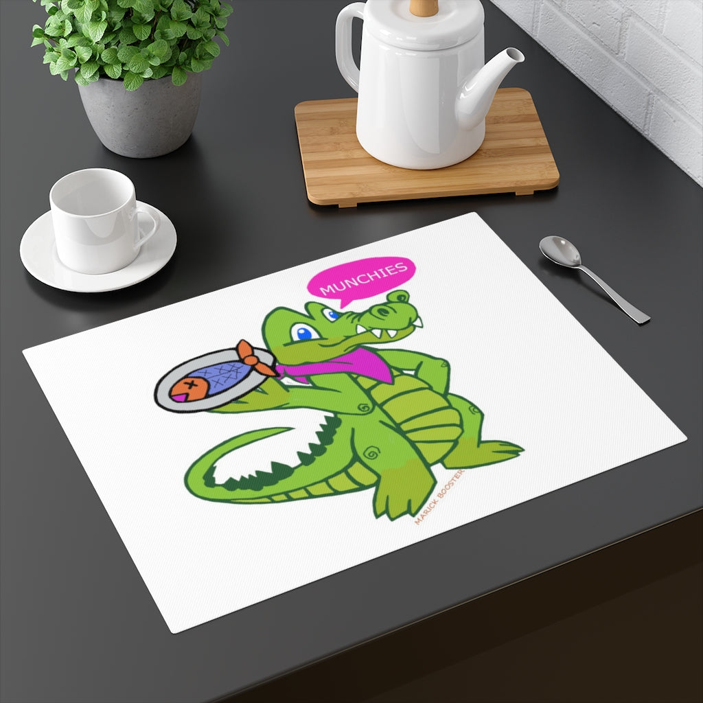 Munchies the Crocodile Placemat featuring a playful crocodile design on one side and a natural back, made from durable cotton.