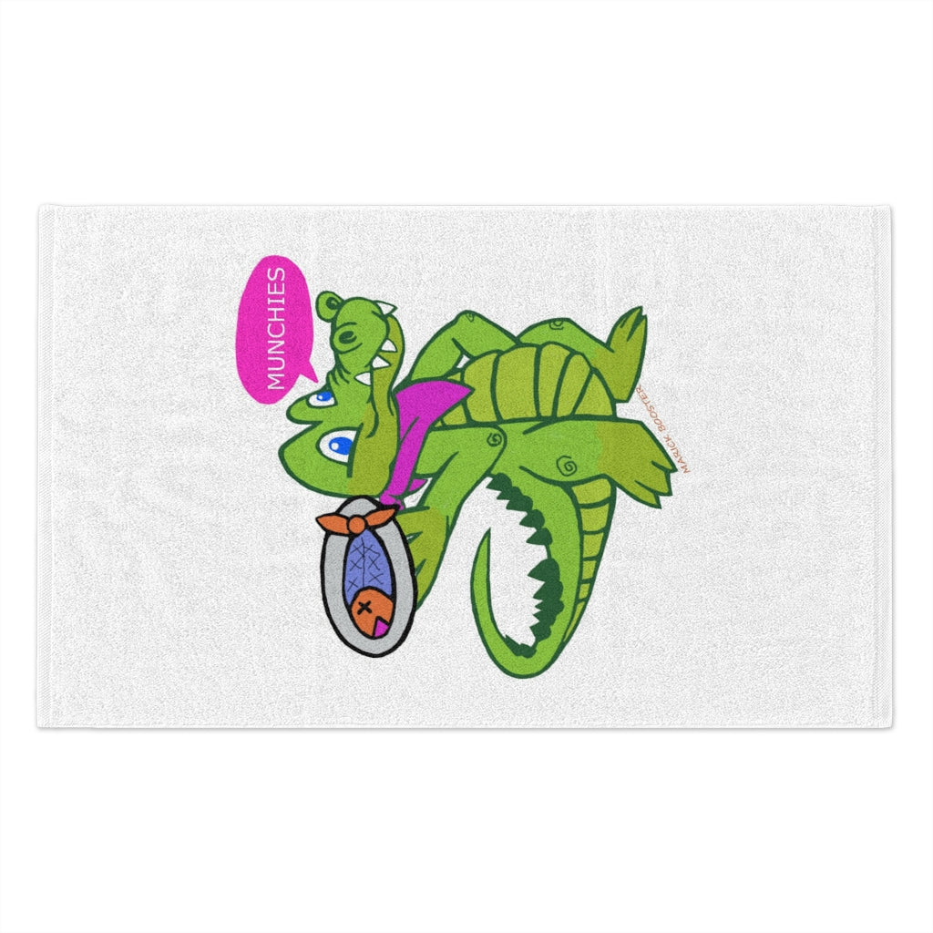 Munchies the Crocodile Rally Towel featuring a vibrant crocodile design, soft polyester front, and absorbent cotton backing, measuring 11x18 inches.