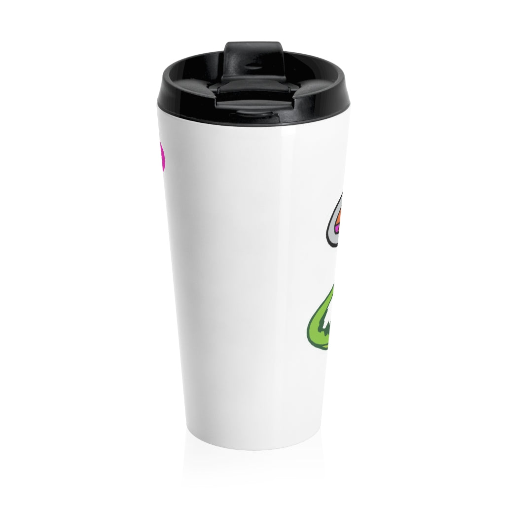 Munchies the Crocodile Stainless Steel Travel Mug with vibrant design and black lid, perfect for coffee and tea lovers.