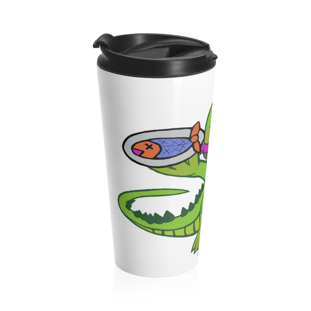 Munchies the Crocodile Stainless Steel Travel Mug with vibrant design and black lid, perfect for coffee and tea lovers.