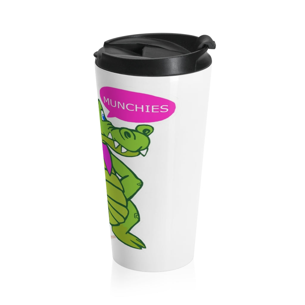 Munchies the Crocodile Stainless Steel Travel Mug with vibrant design and black lid, perfect for coffee and tea lovers.