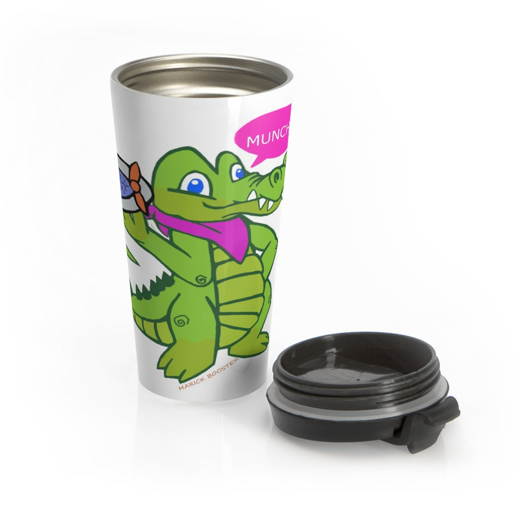 Munchies the Crocodile Stainless Steel Travel Mug with vibrant design and black lid, perfect for coffee and tea lovers.