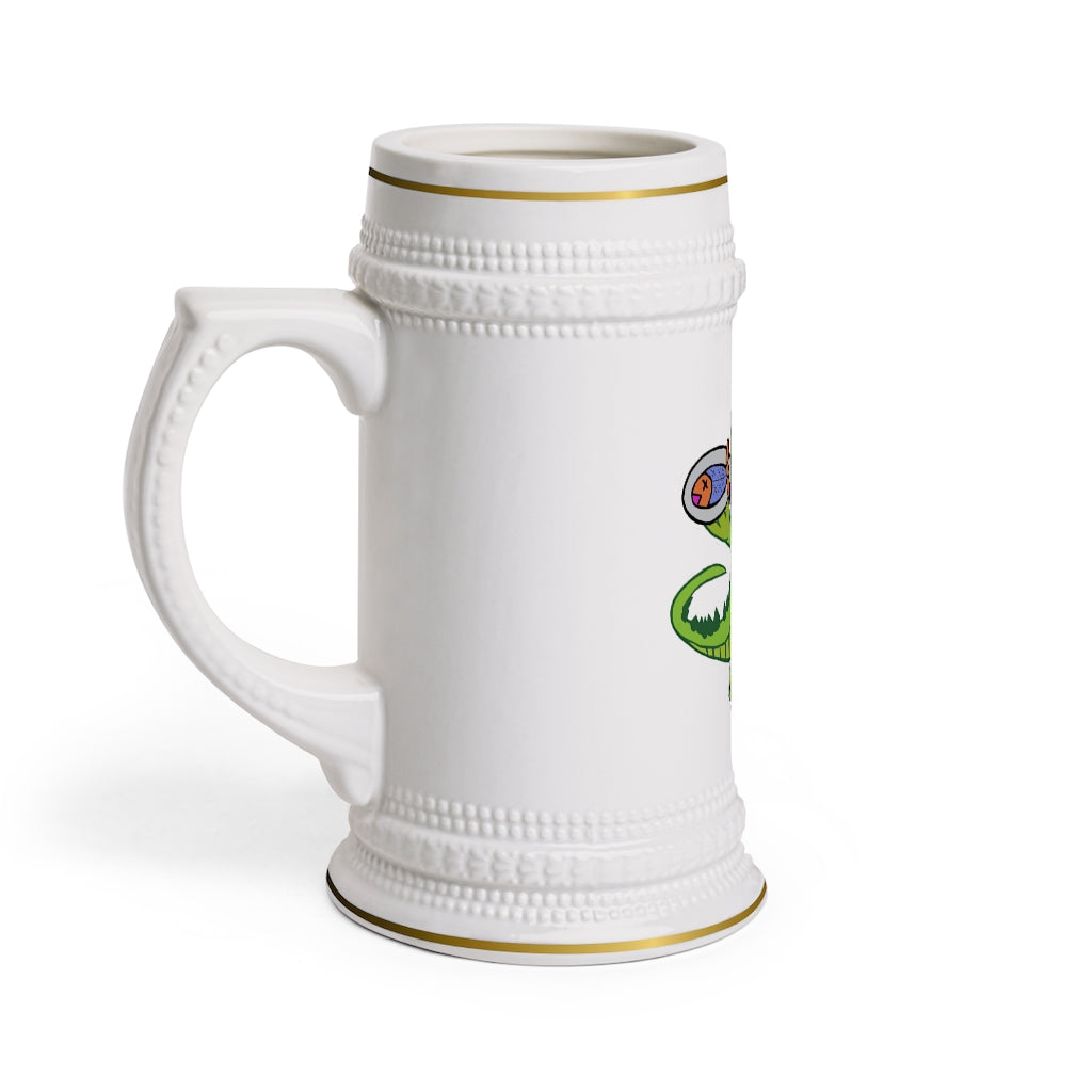 Munchies the Crocodile Stein Mug featuring a classic ribbed design, made of durable white ceramic, perfect for custom artwork.