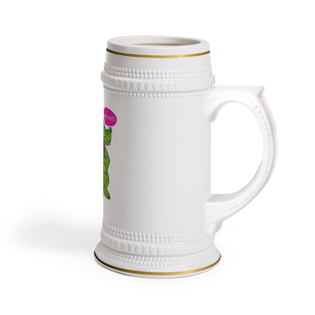 Munchies the Crocodile Stein Mug featuring a classic ribbed design, made of durable white ceramic, perfect for custom artwork.