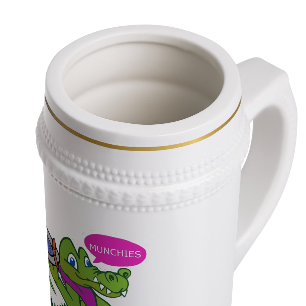 Munchies the Crocodile Stein Mug featuring a classic ribbed design, made of durable white ceramic, perfect for custom artwork.