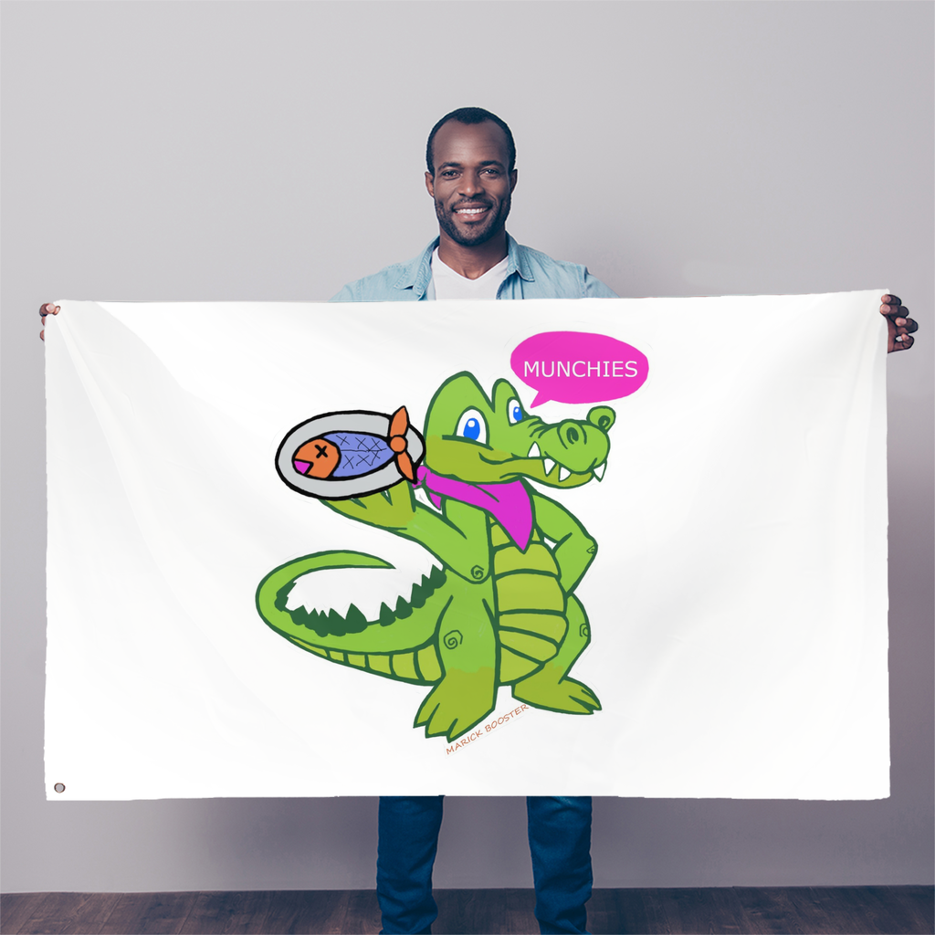 Munchies the Crocodile Sublimation Flag, vibrant crocodile design on durable polyester fabric, measuring 5FT x 3FT.