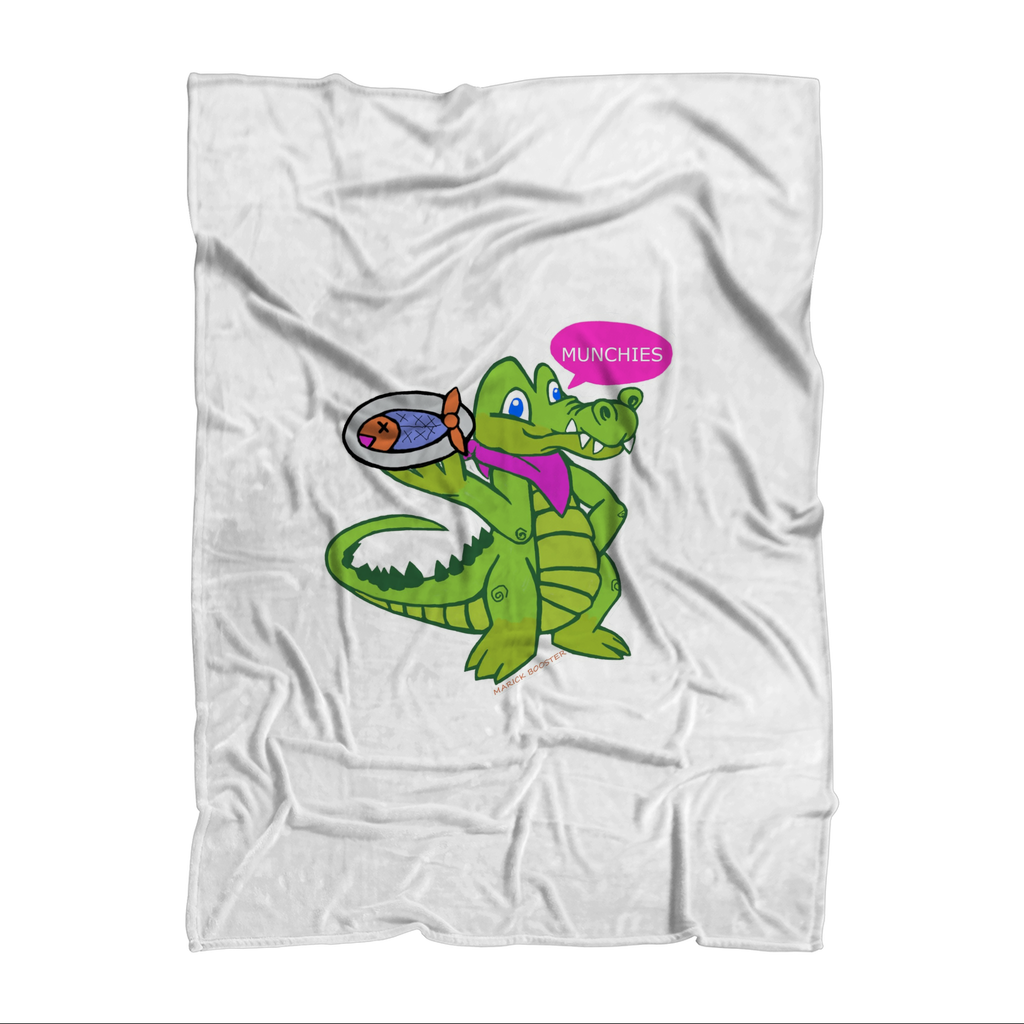 Munchies the Crocodile Sublimation Throw Blanket featuring a playful crocodile design on soft fleece fabric.