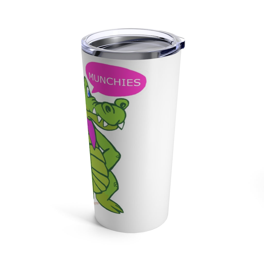 Munchies the Crocodile Tumbler in stainless steel with a playful crocodile design, featuring a see-thru plastic lid.