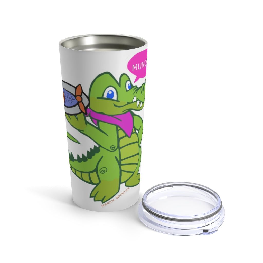 Munchies the Crocodile Tumbler in stainless steel with a playful crocodile design, featuring a see-thru plastic lid.