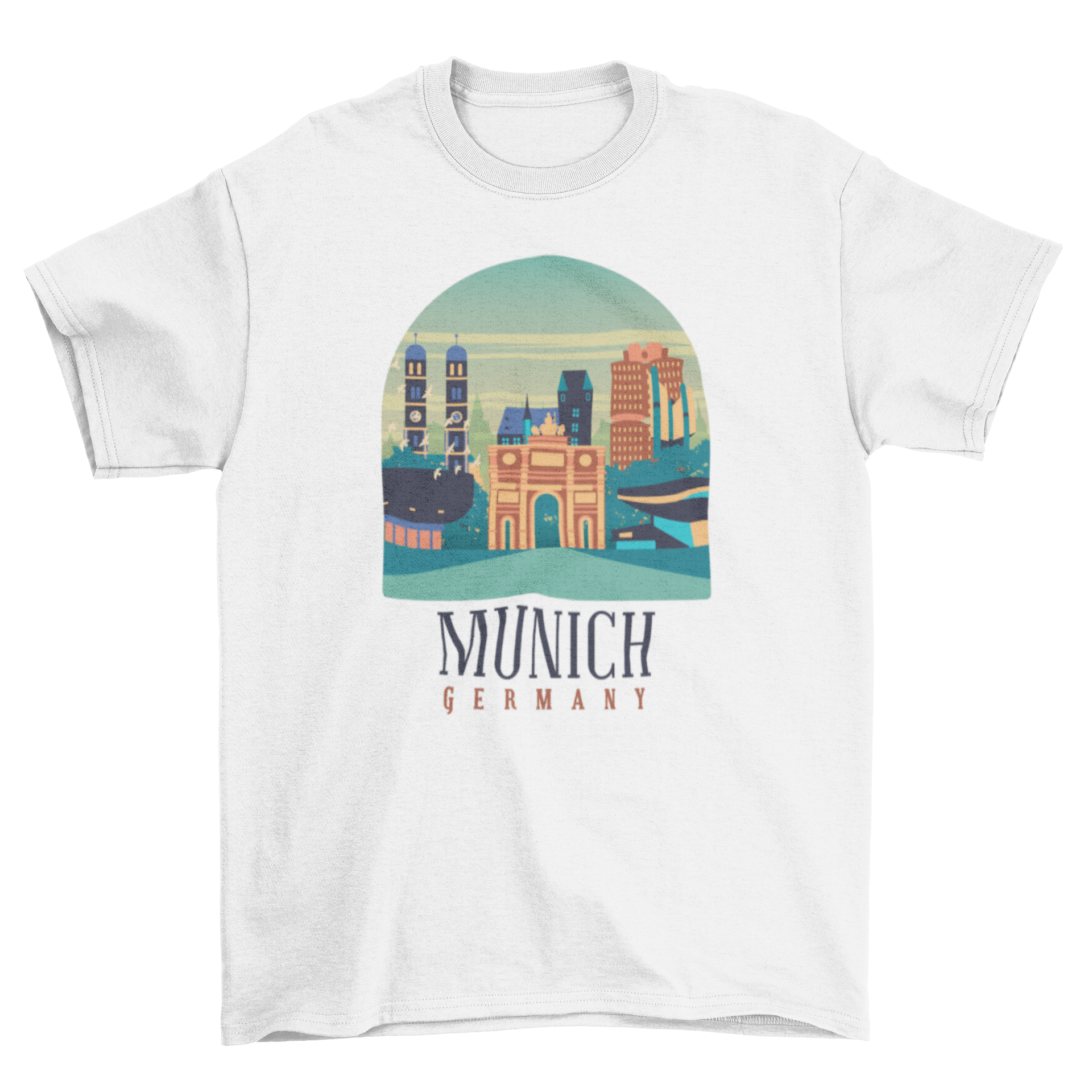 Munich T-Shirt featuring a skyline illustration and 'Munich Germany' lettering, perfect for city enthusiasts.