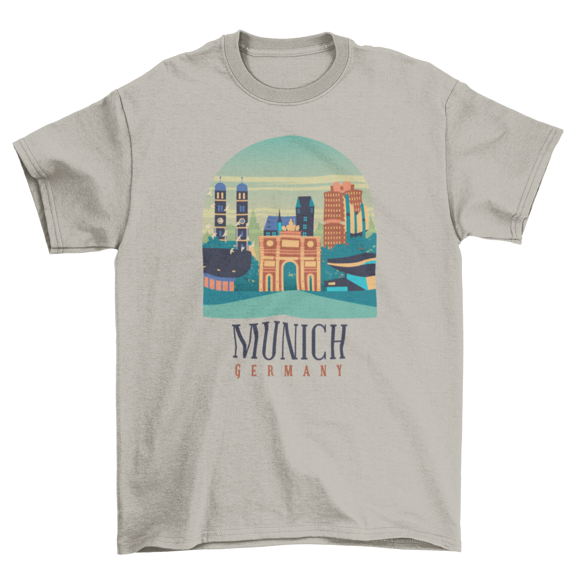 Munich T-Shirt featuring a skyline illustration and 'Munich Germany' lettering, perfect for city enthusiasts.