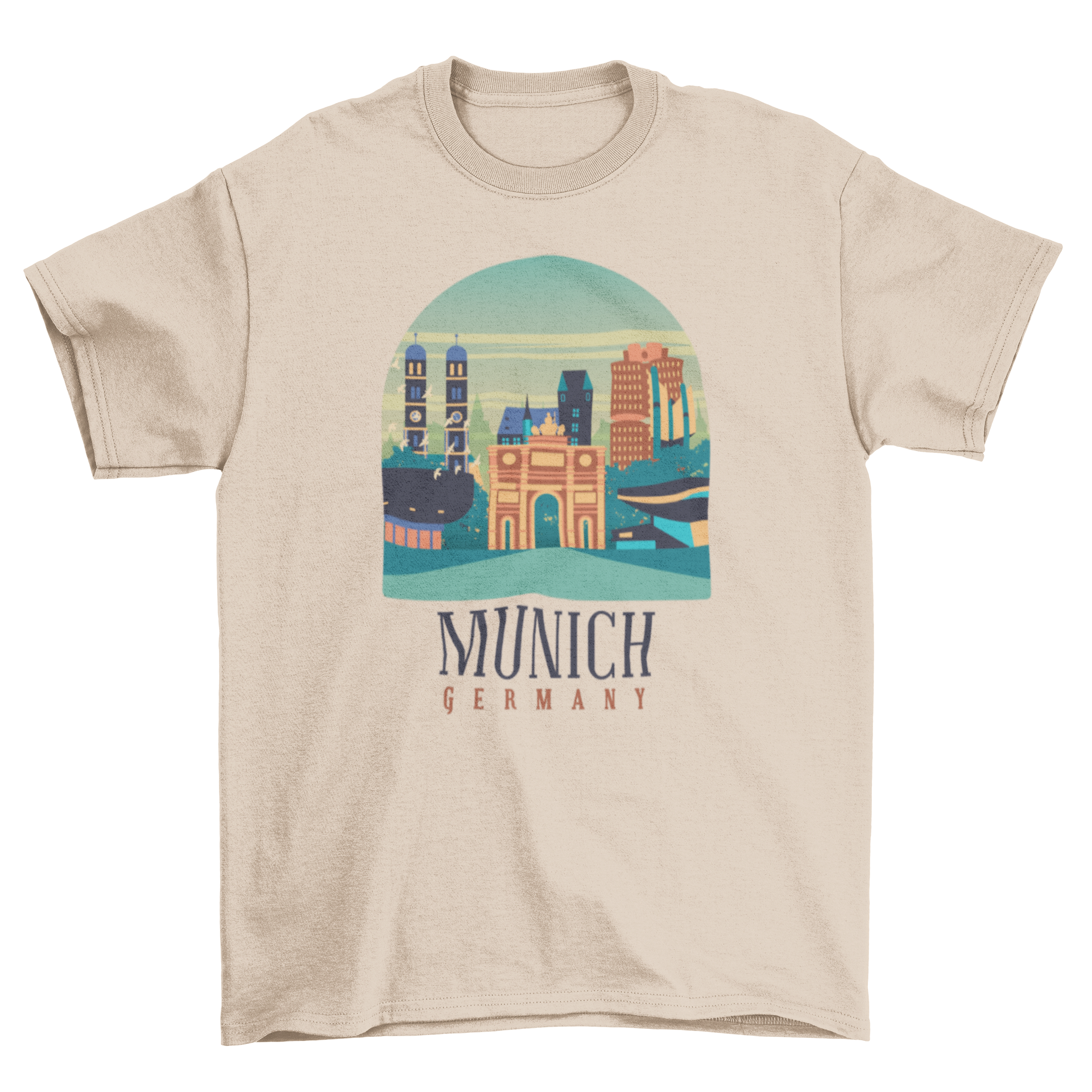 Munich T-Shirt featuring a skyline illustration and 'Munich Germany' lettering, perfect for city enthusiasts.