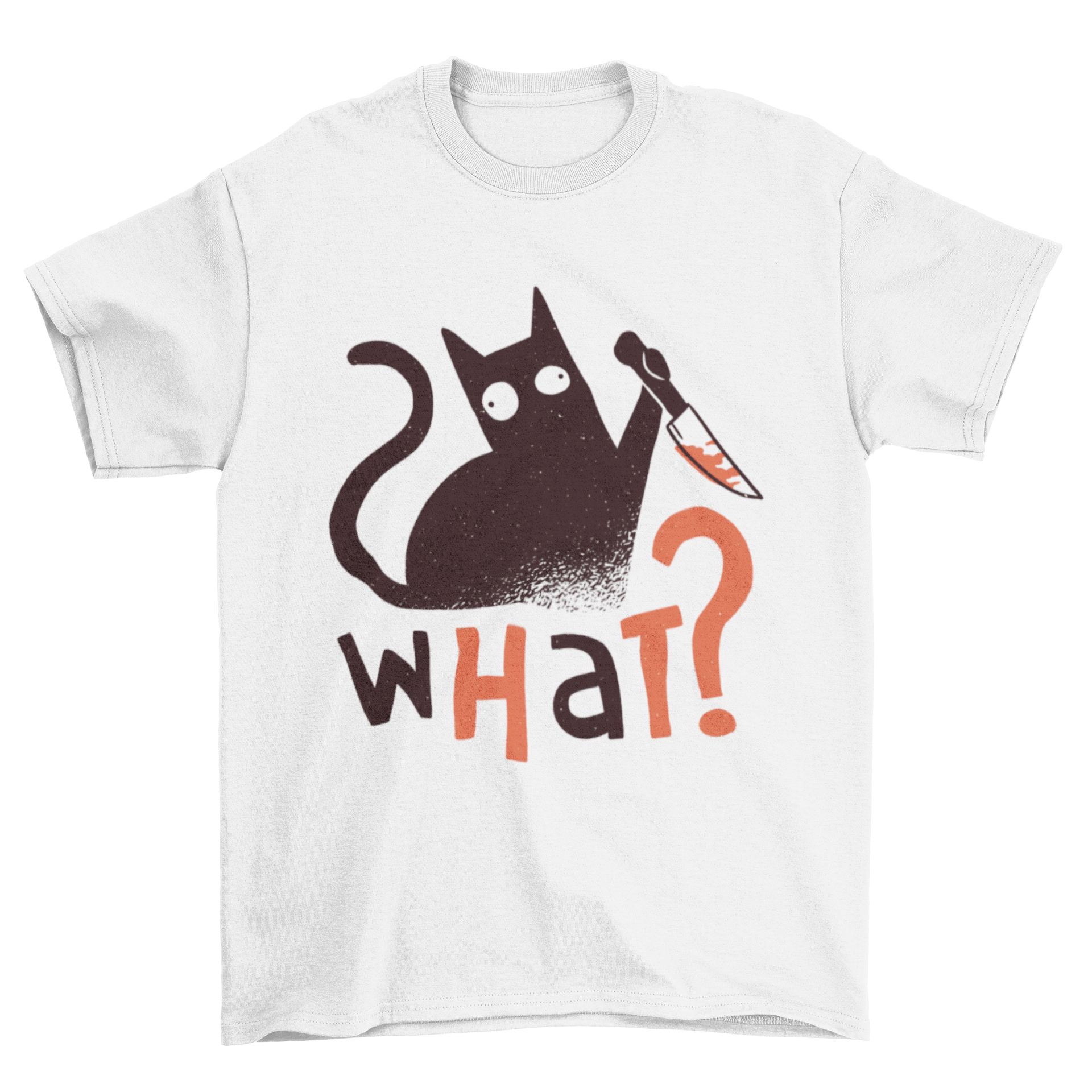 Murder Cat Funny T-shirt featuring a black cat holding a knife with the text 'WHAT?'