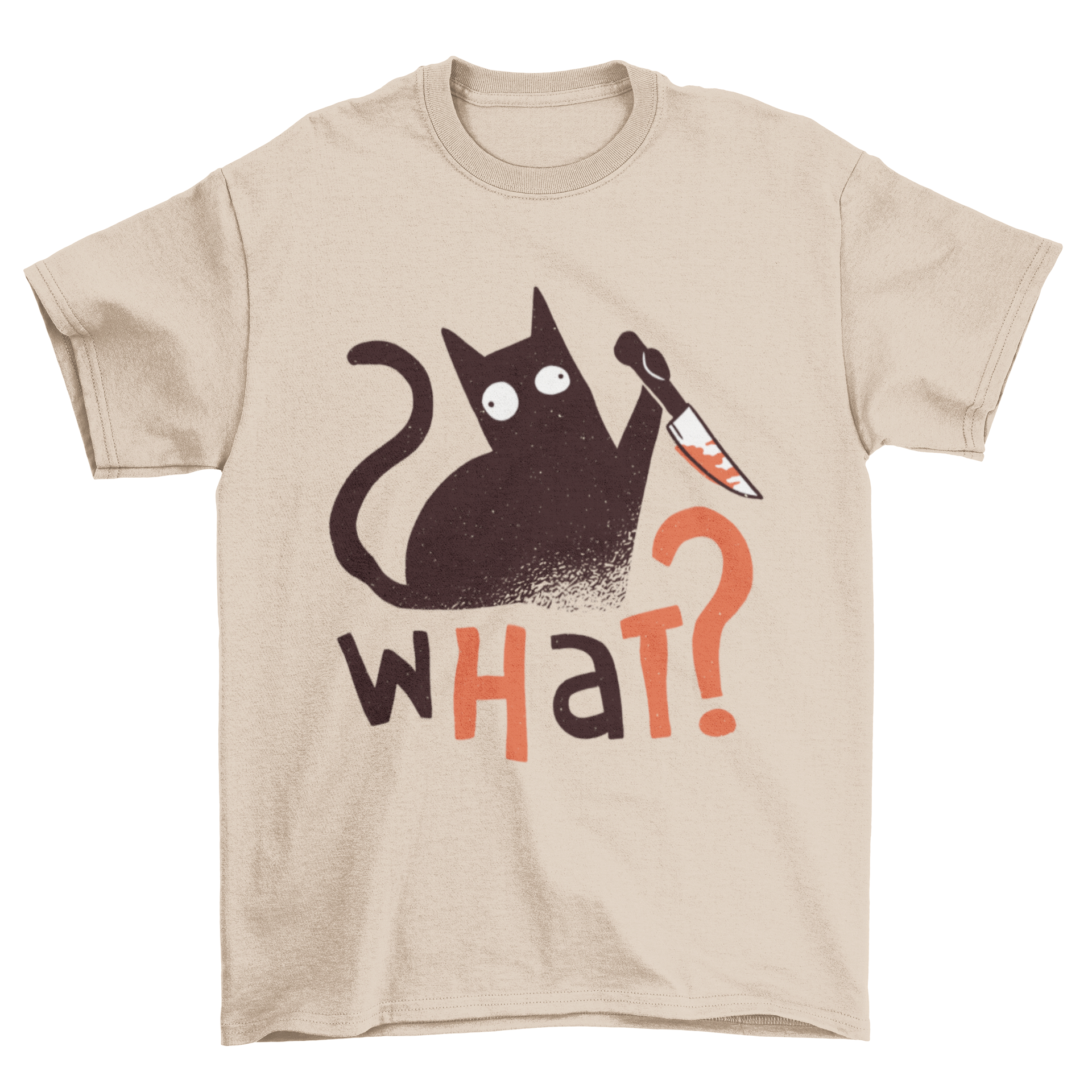 Murder Cat Funny T-shirt featuring a black cat holding a knife with the text 'WHAT?'