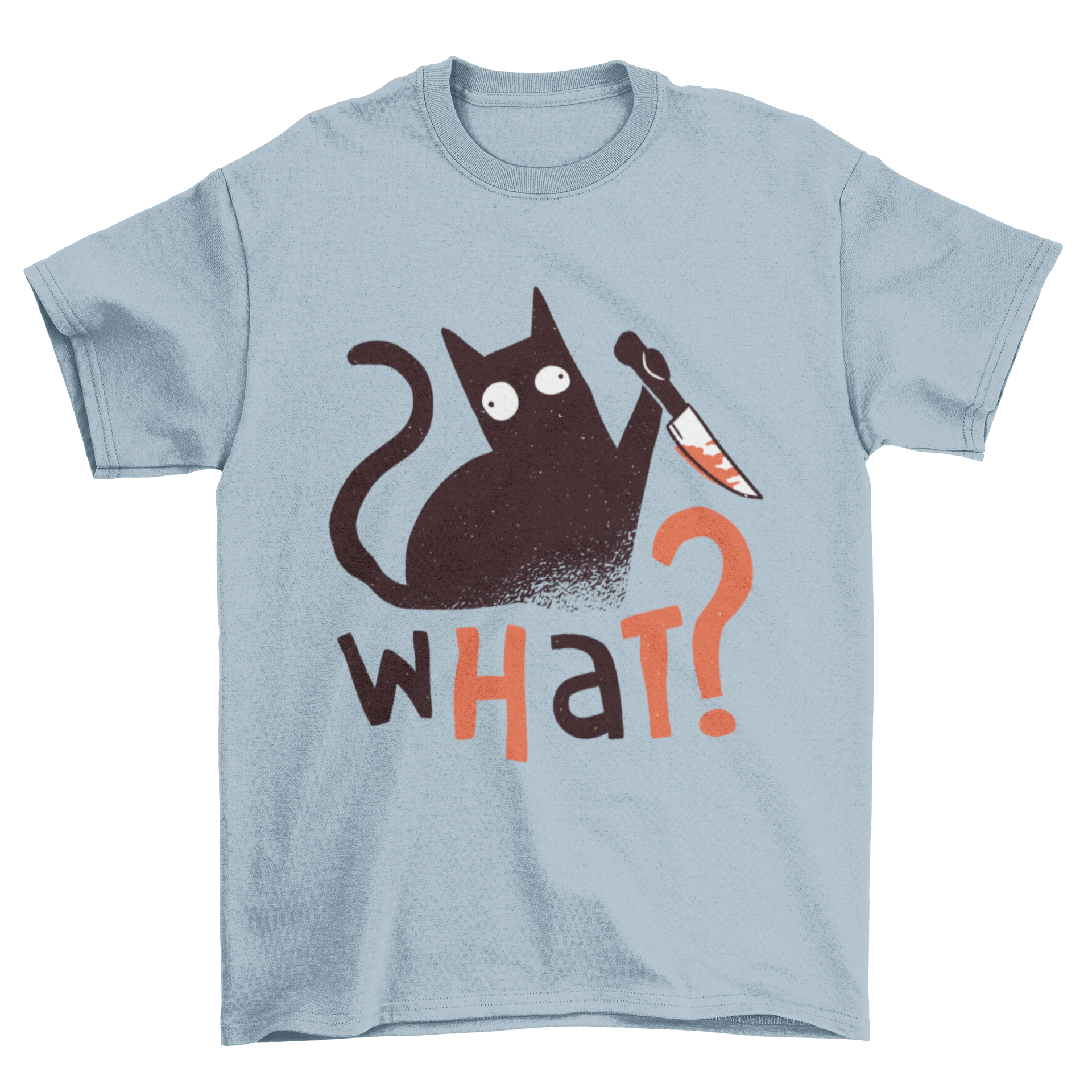 Murder Cat Funny T-shirt featuring a black cat holding a knife with the text 'WHAT?'