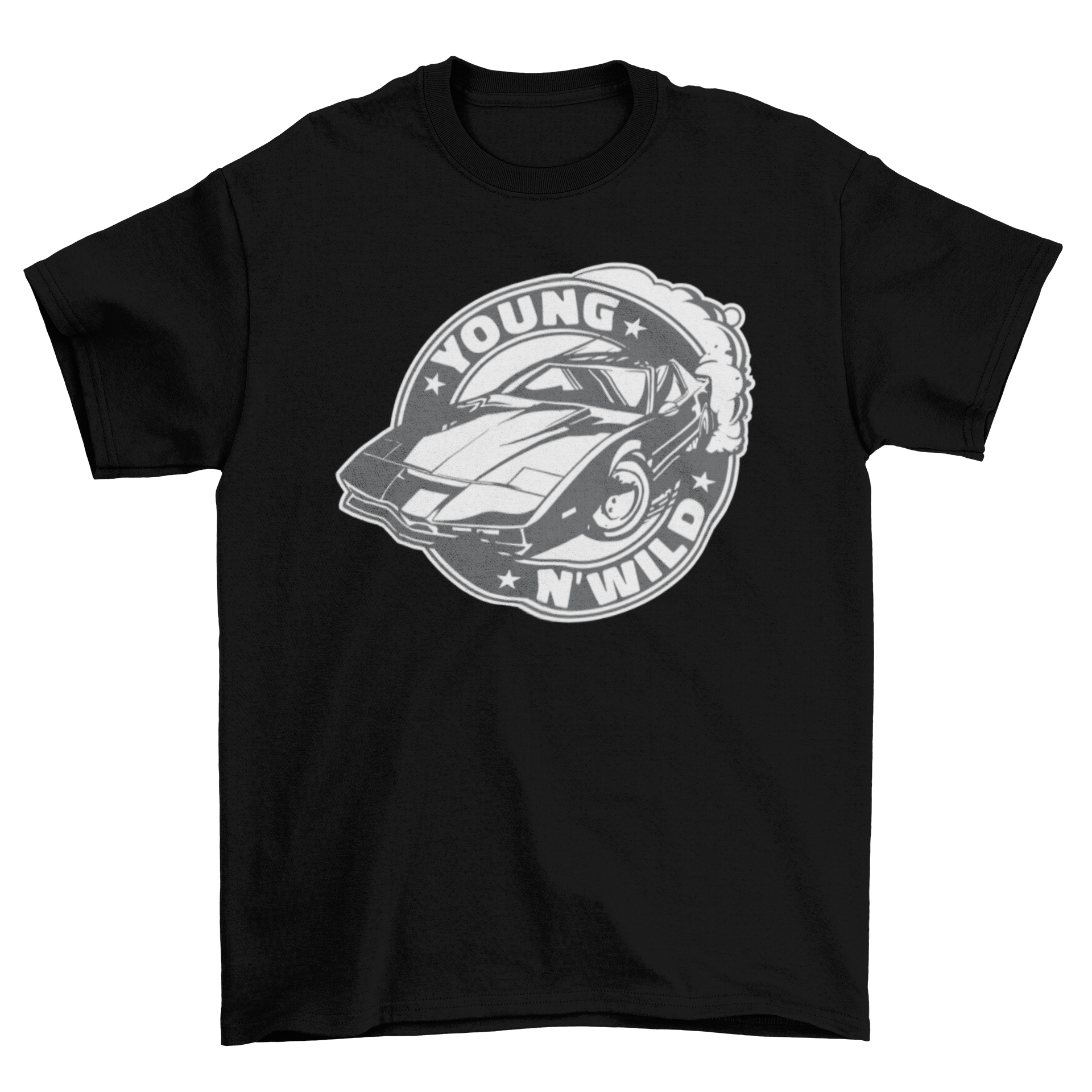 Muscle car badge t-shirt featuring a detailed graphic of a muscle car and the quote 'Young n'wild'.