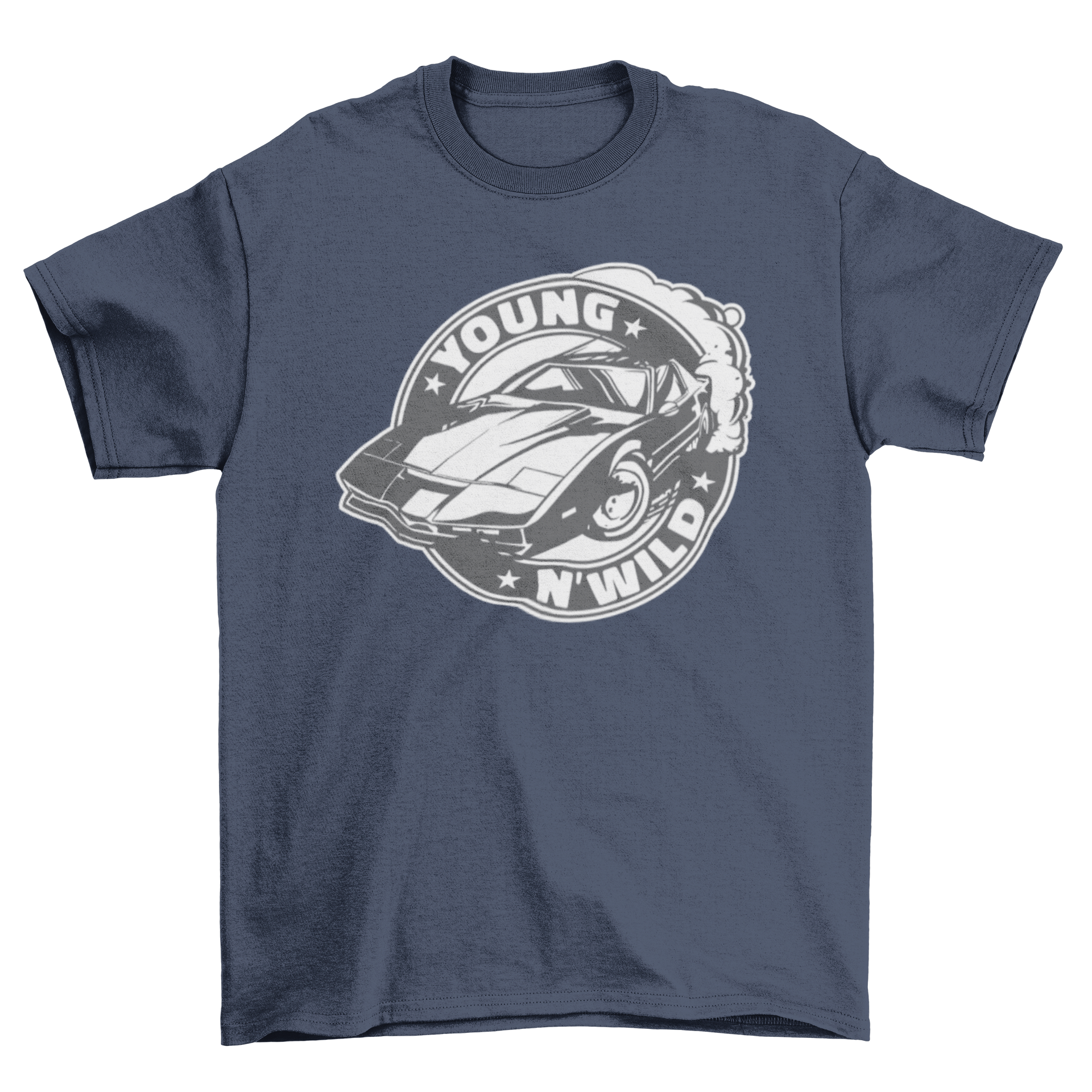 Muscle car badge t-shirt featuring a detailed graphic of a muscle car and the quote 'Young n'wild'.