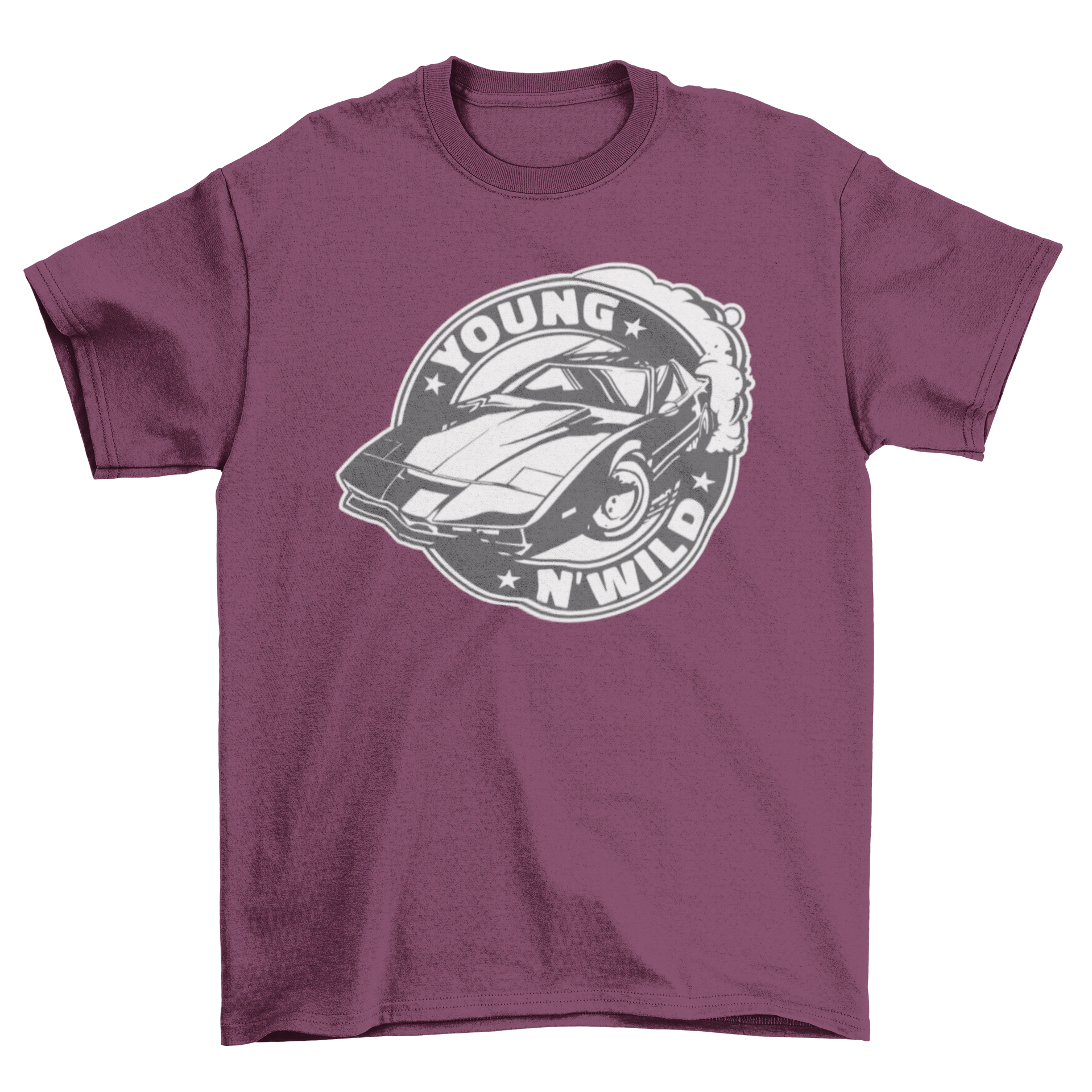 Muscle car badge t-shirt featuring a detailed graphic of a muscle car and the quote 'Young n'wild'.