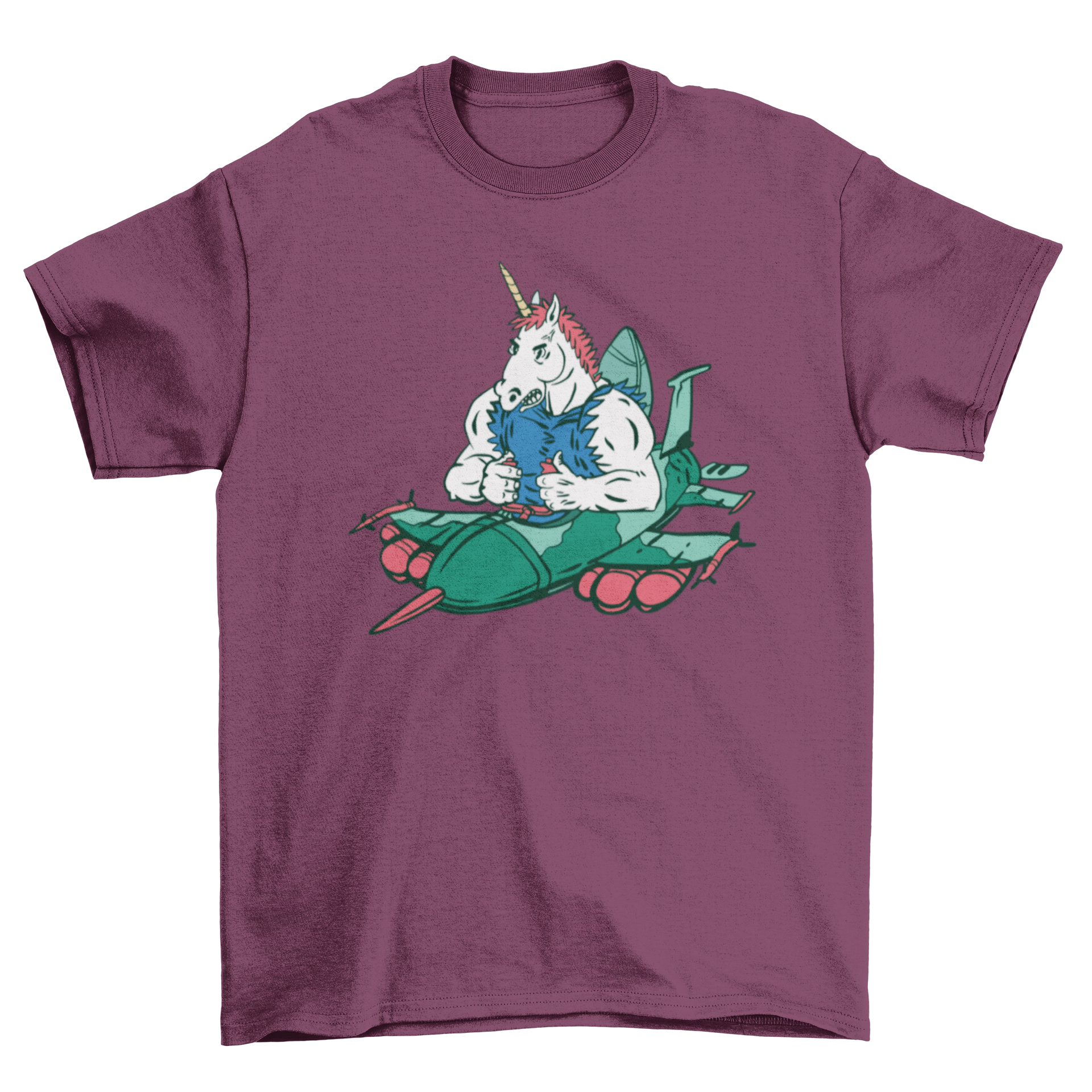 A muscular unicorn depicted on a military aircraft, showcasing a unique and vibrant t-shirt design.