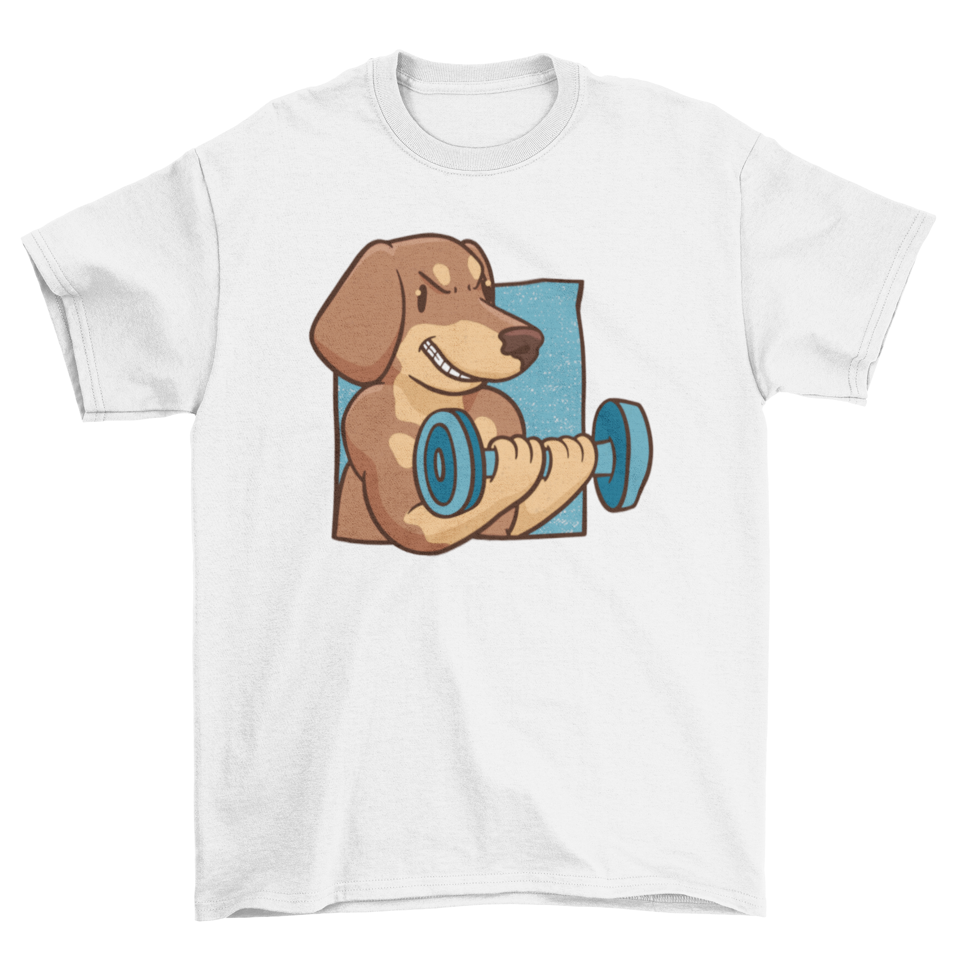 A stylish t-shirt featuring a muscular Dachshund dog lifting weights, perfect for dog lovers and fitness fans.