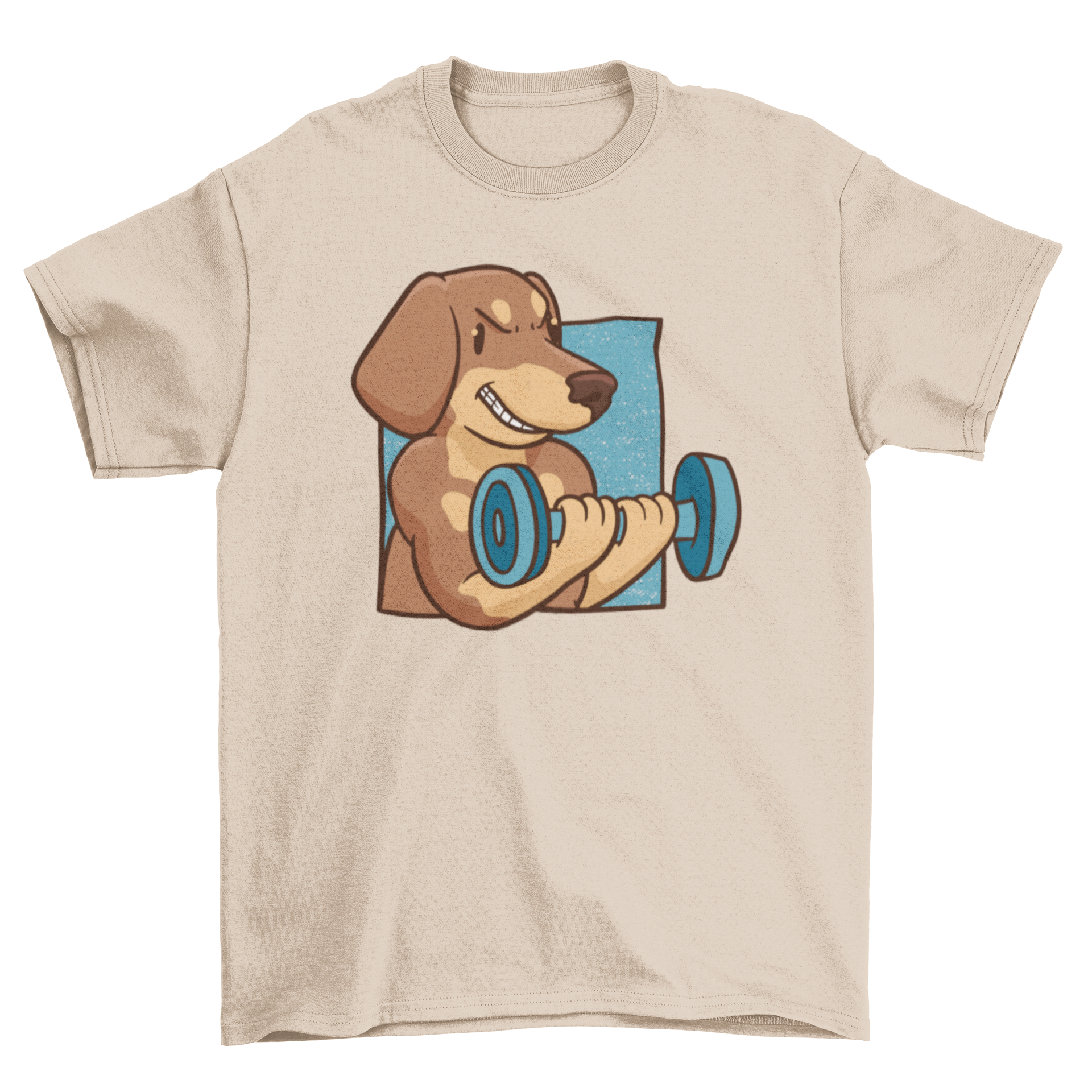 A stylish t-shirt featuring a muscular Dachshund dog lifting weights, perfect for dog lovers and fitness fans.