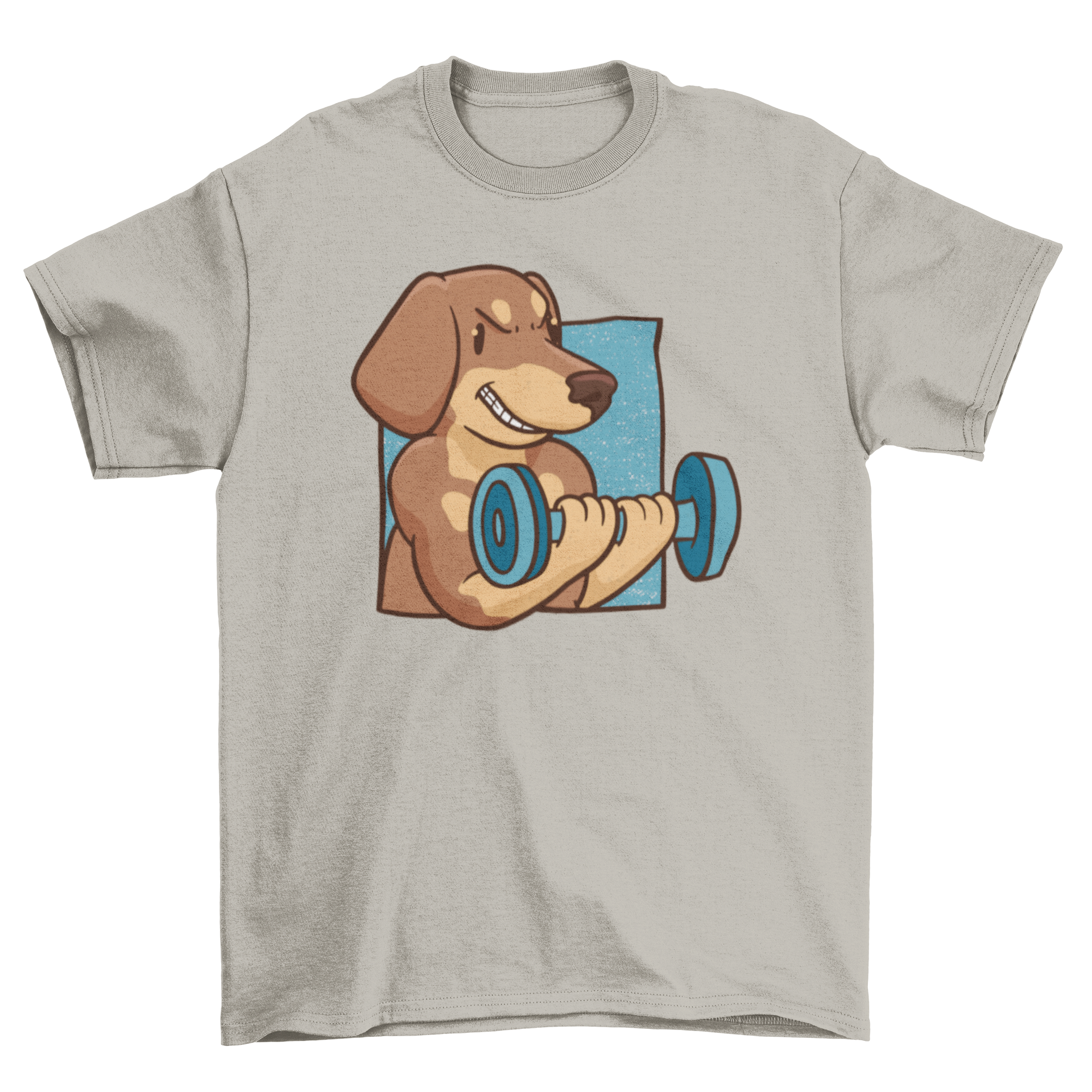 A stylish t-shirt featuring a muscular Dachshund dog lifting weights, perfect for dog lovers and fitness fans.