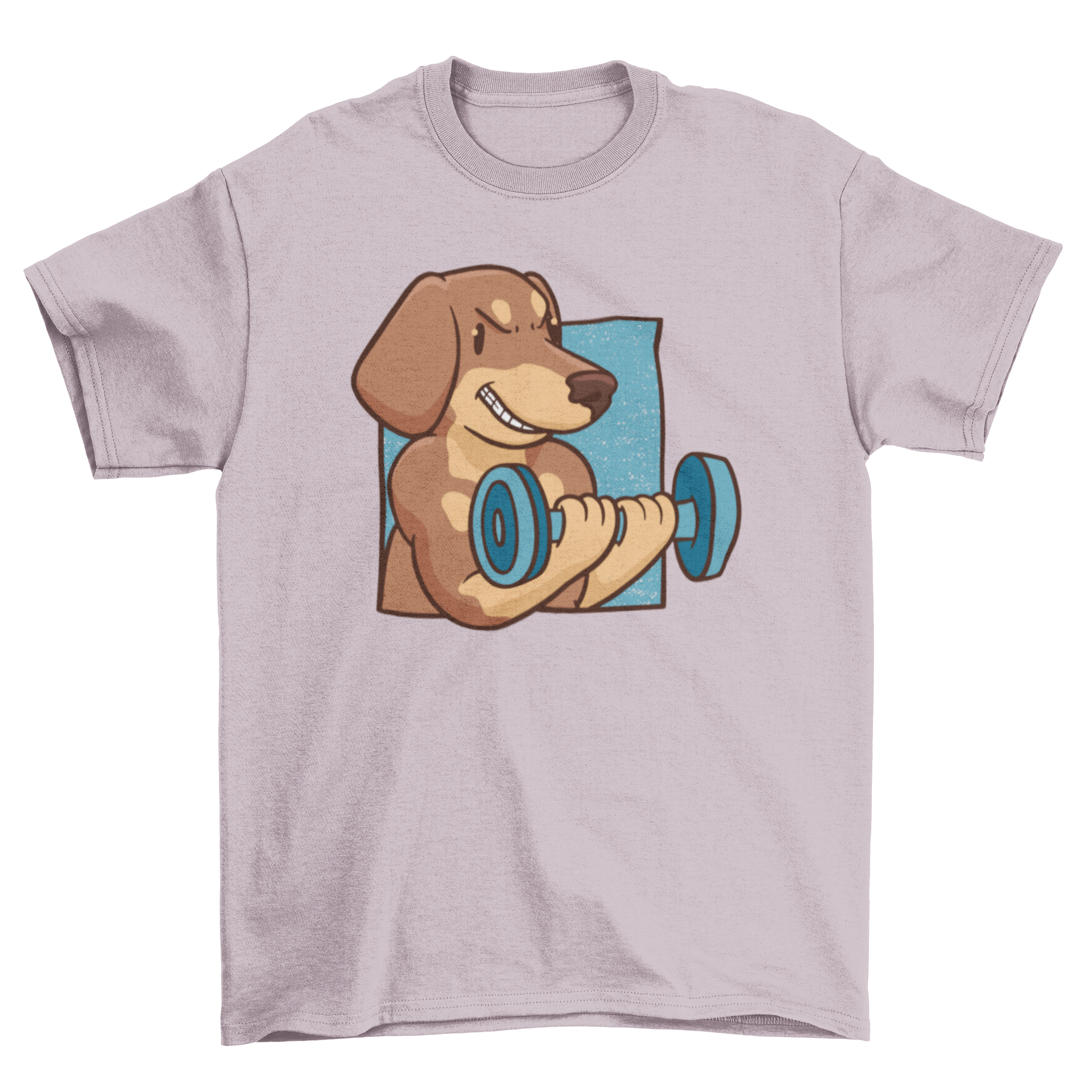 A stylish t-shirt featuring a muscular Dachshund dog lifting weights, perfect for dog lovers and fitness fans.