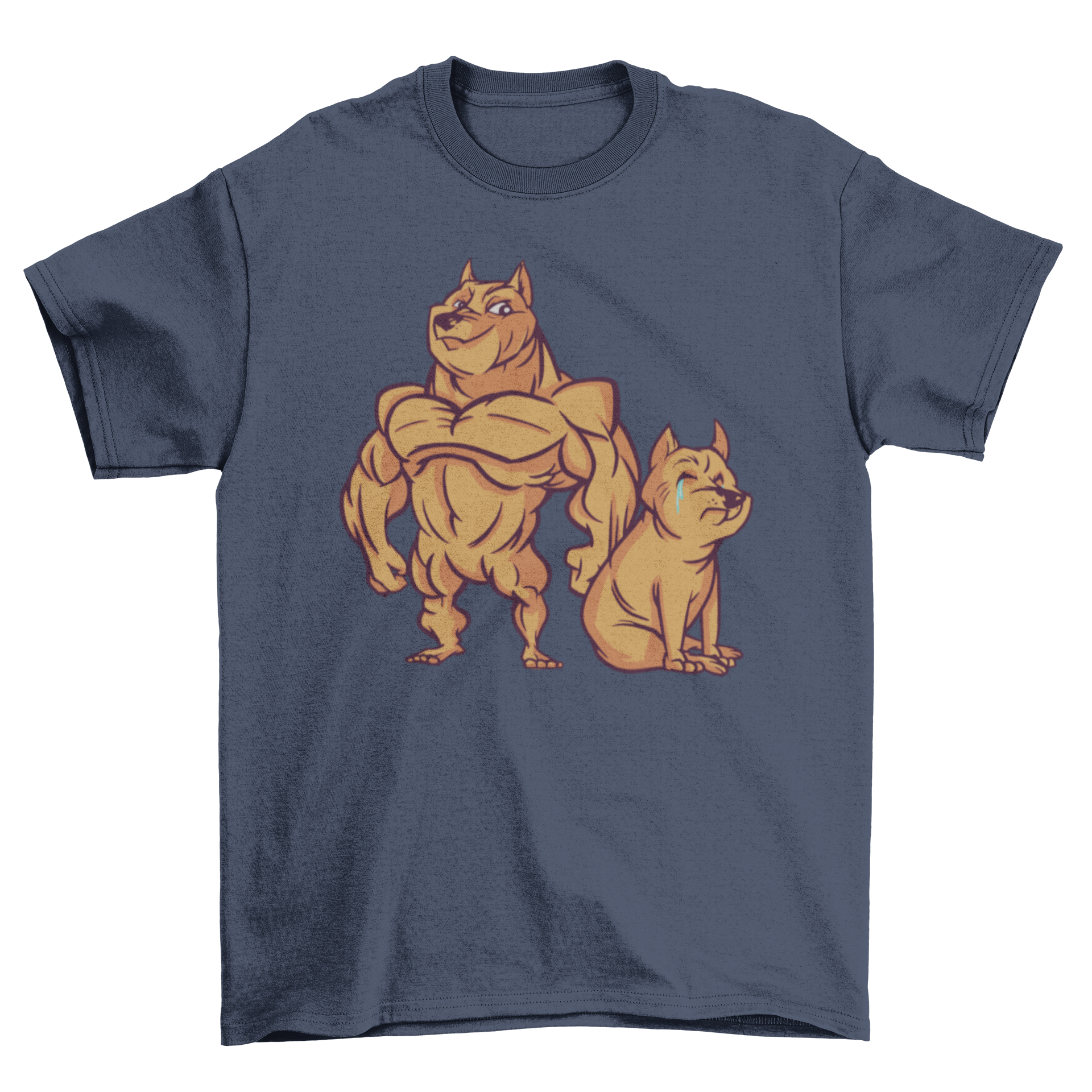 Muscular dog t-shirt featuring a vibrant illustration of a muscular dog next to a crying dog, perfect for dog lovers.