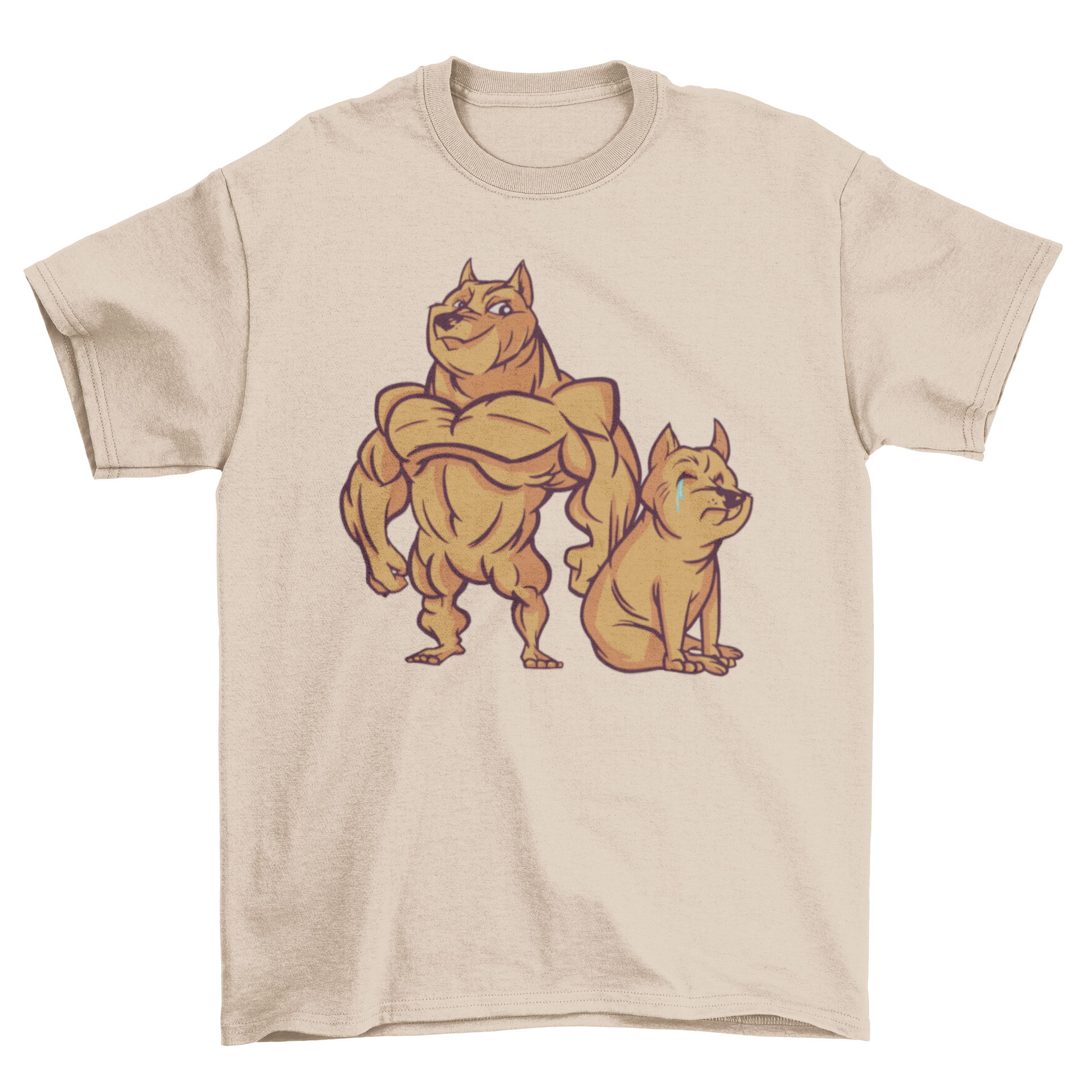 Muscular dog t-shirt featuring a vibrant illustration of a muscular dog next to a crying dog, perfect for dog lovers.