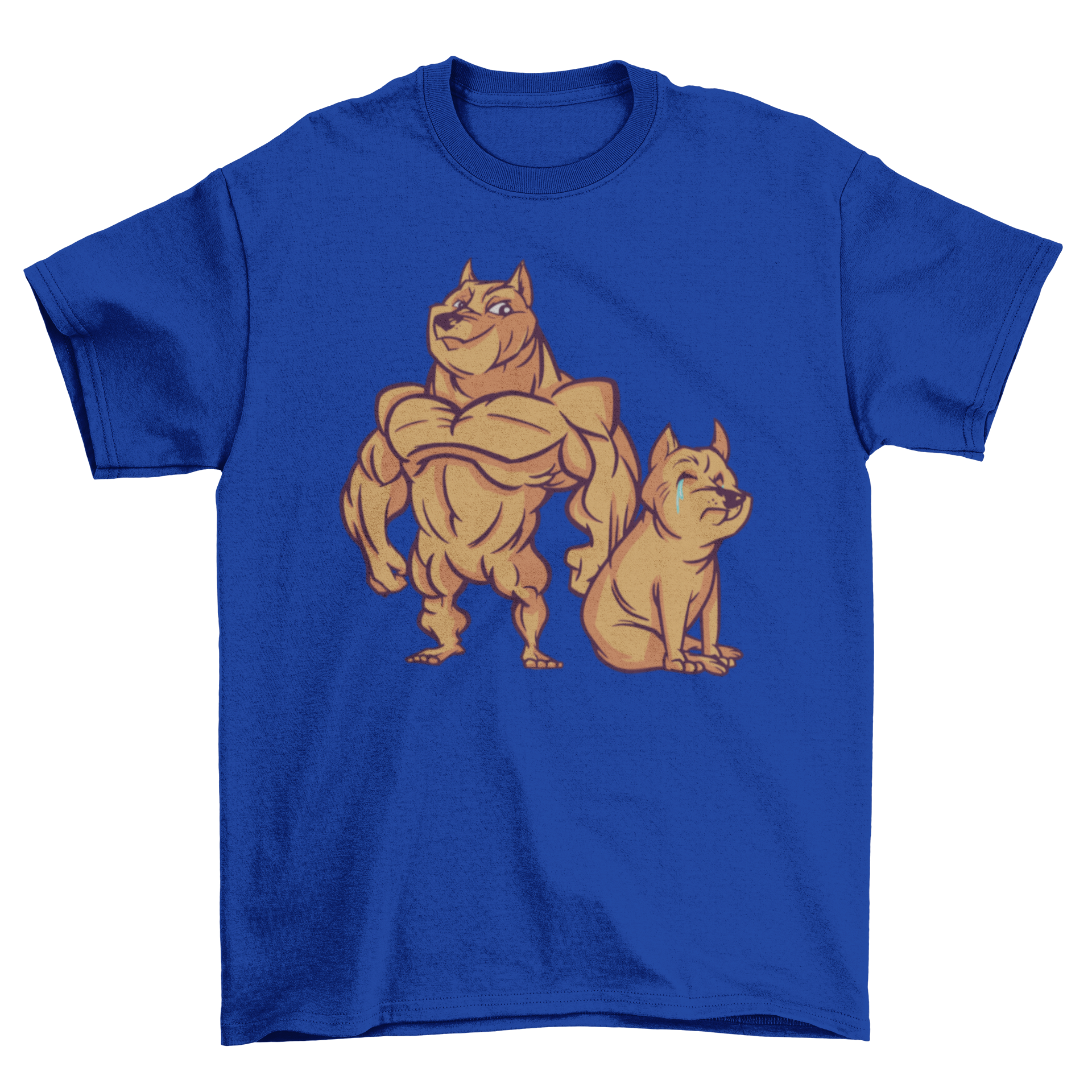 Muscular dog t-shirt featuring a vibrant illustration of a muscular dog next to a crying dog, perfect for dog lovers.