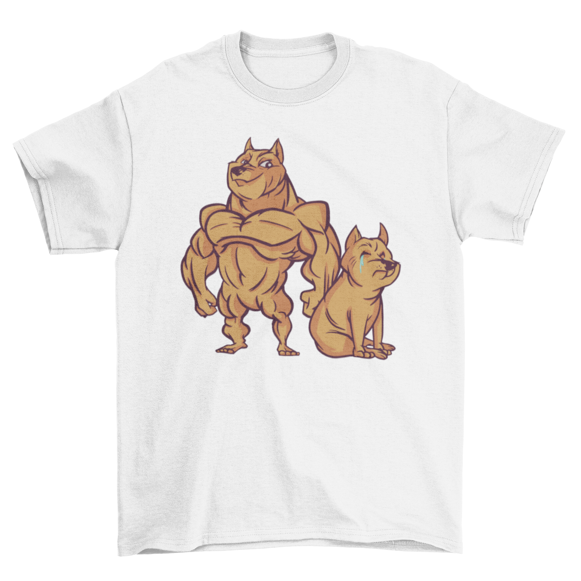 Muscular dog t-shirt featuring a vibrant illustration of a muscular dog next to a crying dog, perfect for dog lovers.