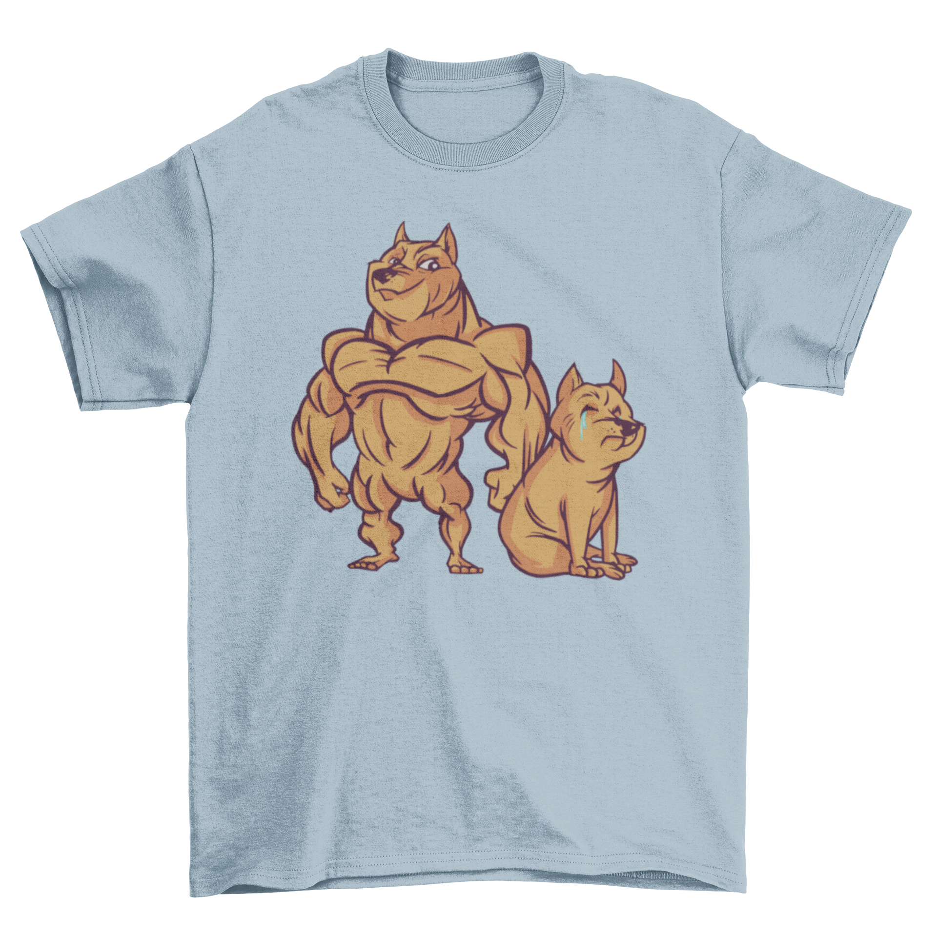 Muscular dog t-shirt featuring a vibrant illustration of a muscular dog next to a crying dog, perfect for dog lovers.