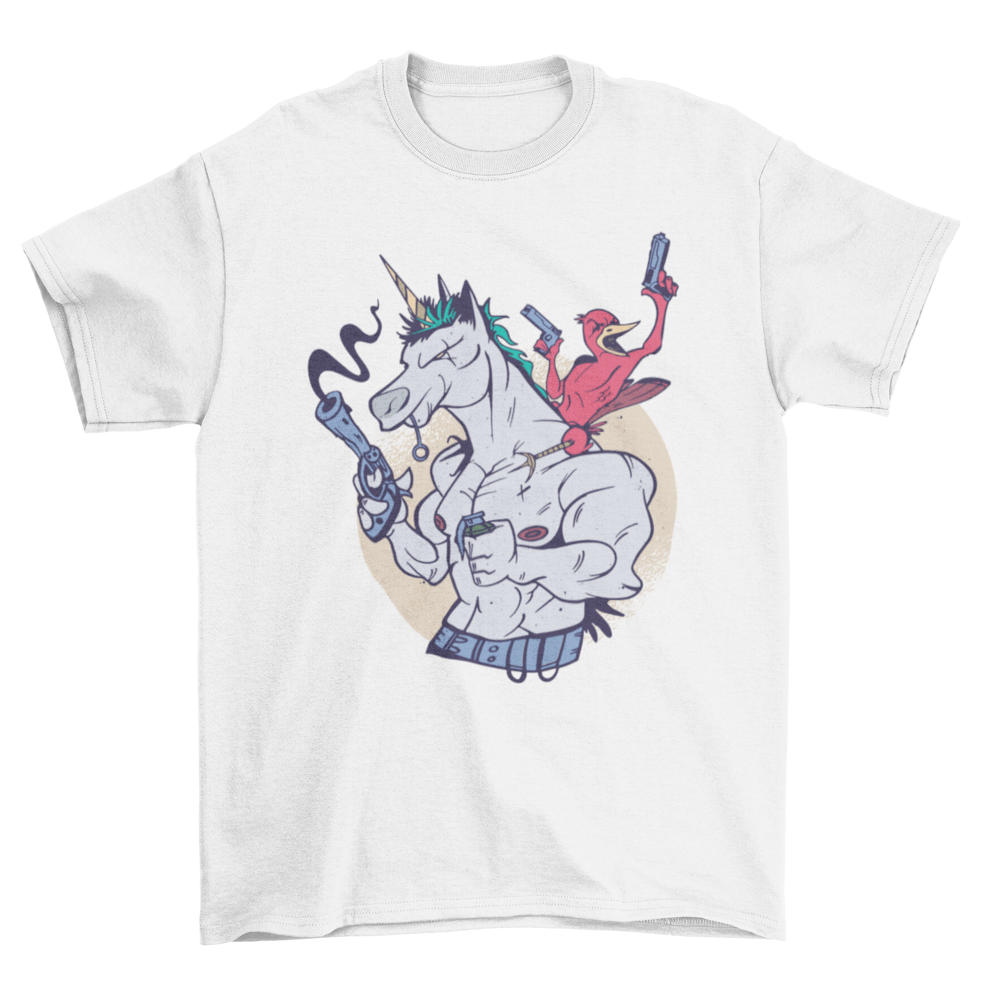 A colorful t-shirt featuring a muscular unicorn and a bird, both holding guns, showcasing a unique and playful design.