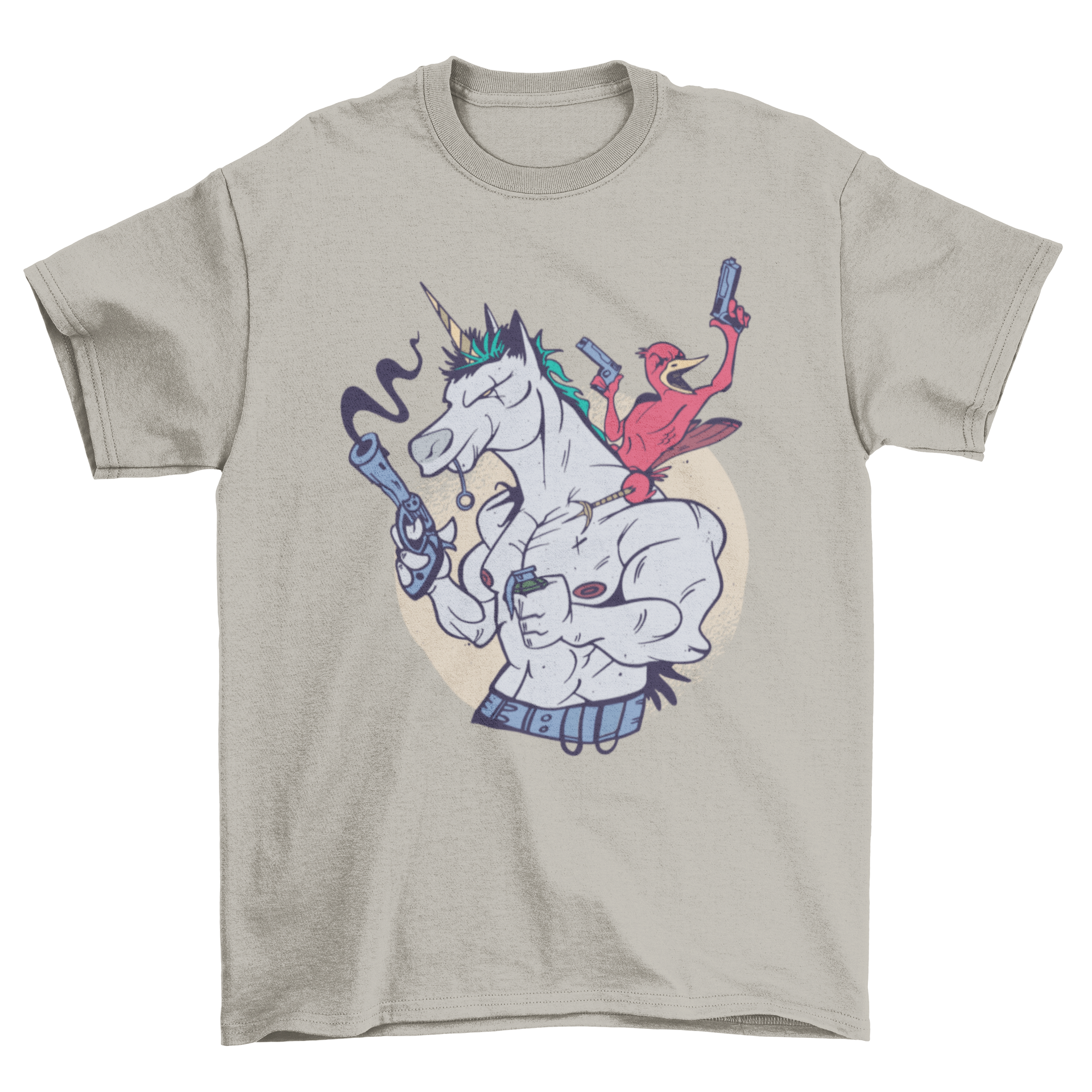 A colorful t-shirt featuring a muscular unicorn and a bird, both holding guns, showcasing a unique and playful design.